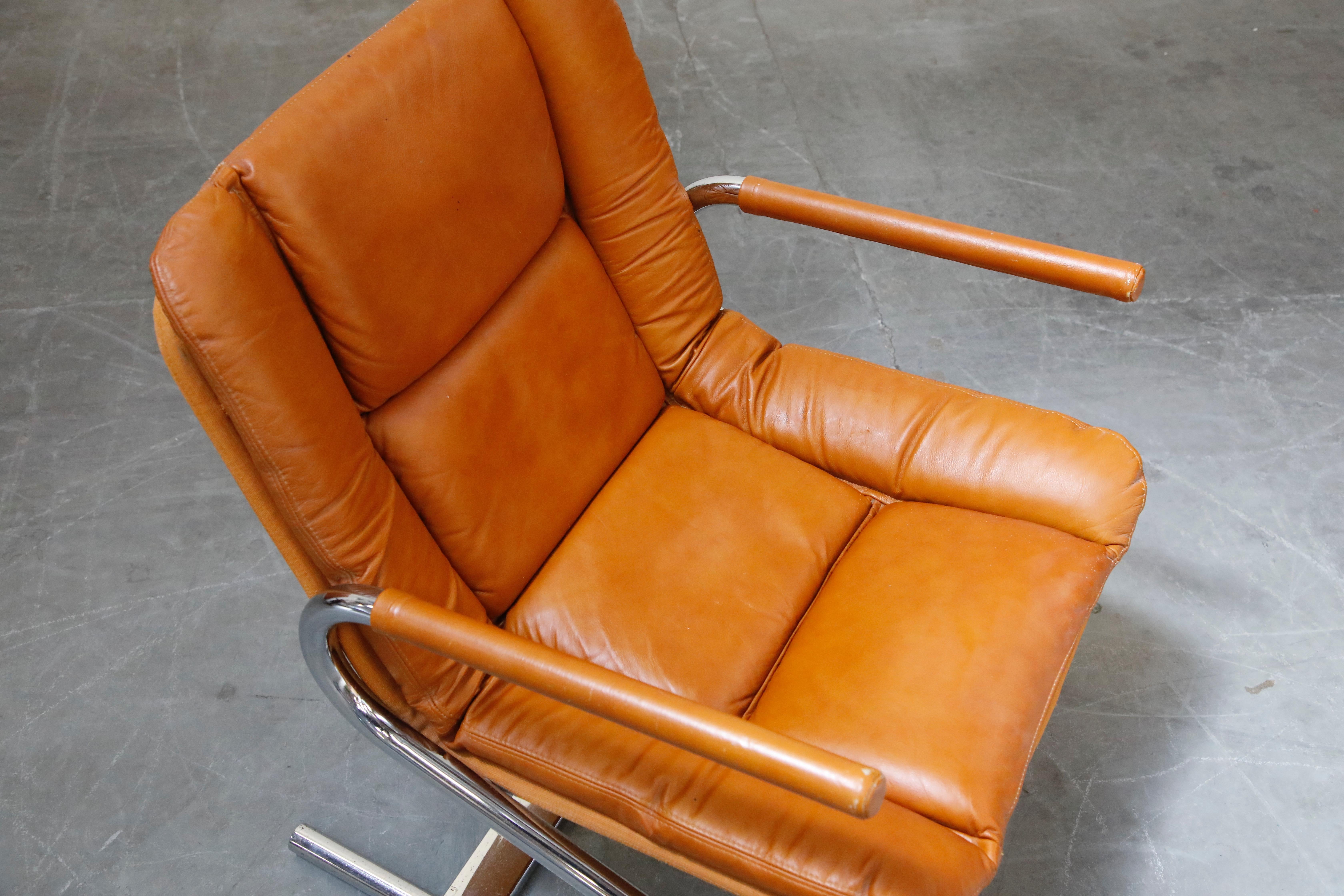 Cognac Leather Lounge Chair Attributed to Guido Faleschini for Mariani, 1970s 8