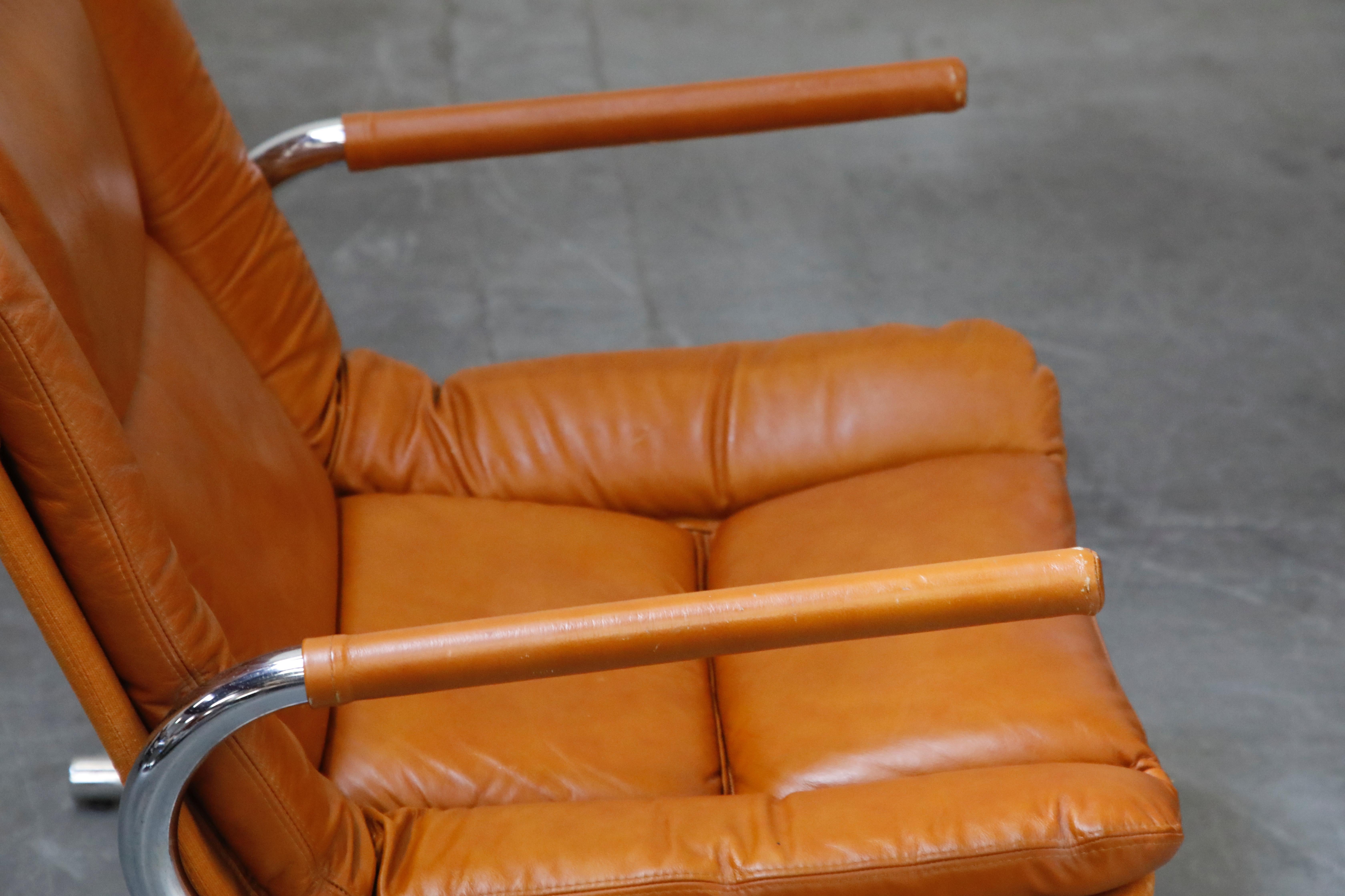 Cognac Leather Lounge Chair Attributed to Guido Faleschini for Mariani, 1970s 10