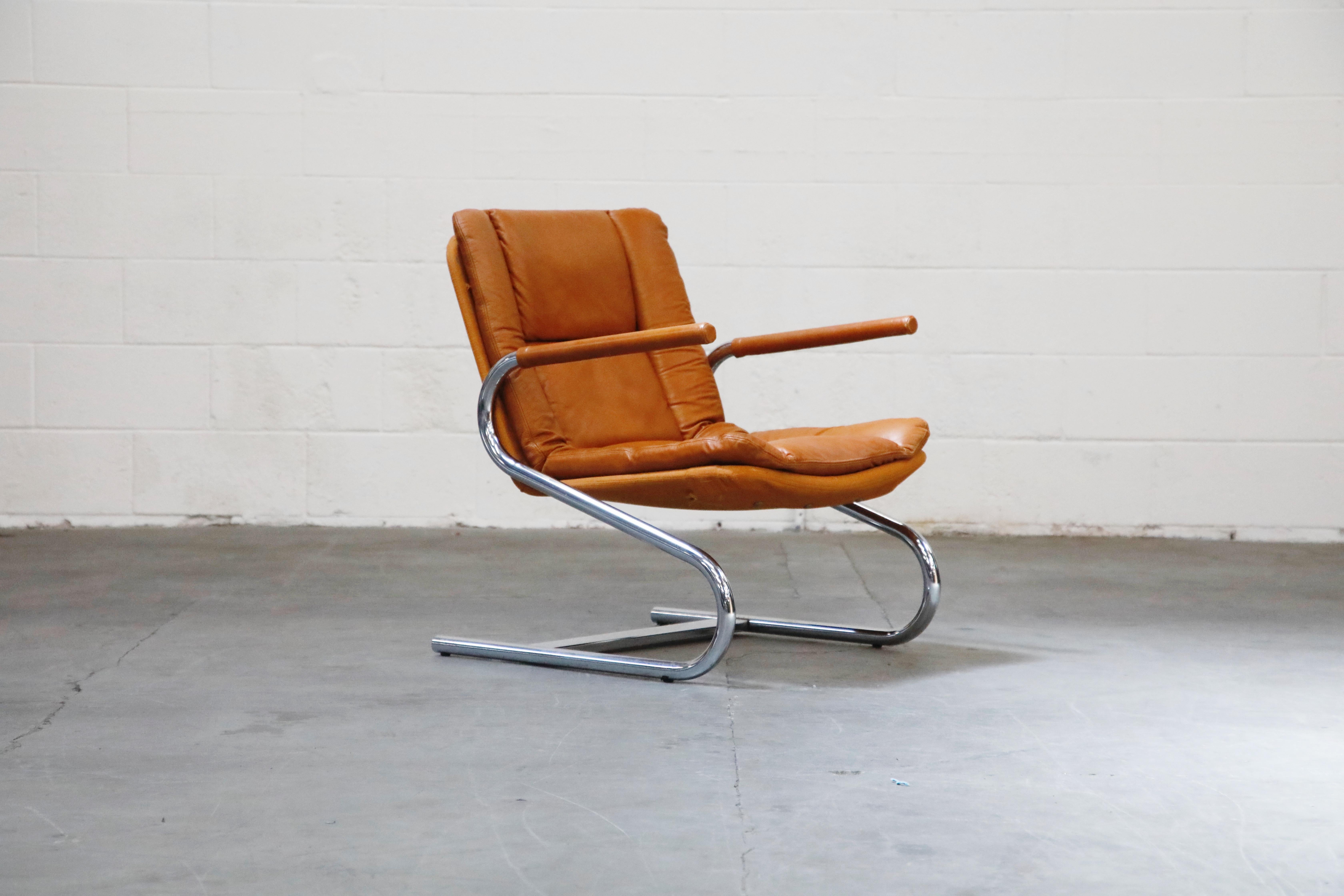 Modern Cognac Leather Lounge Chair Attributed to Guido Faleschini for Mariani, 1970s