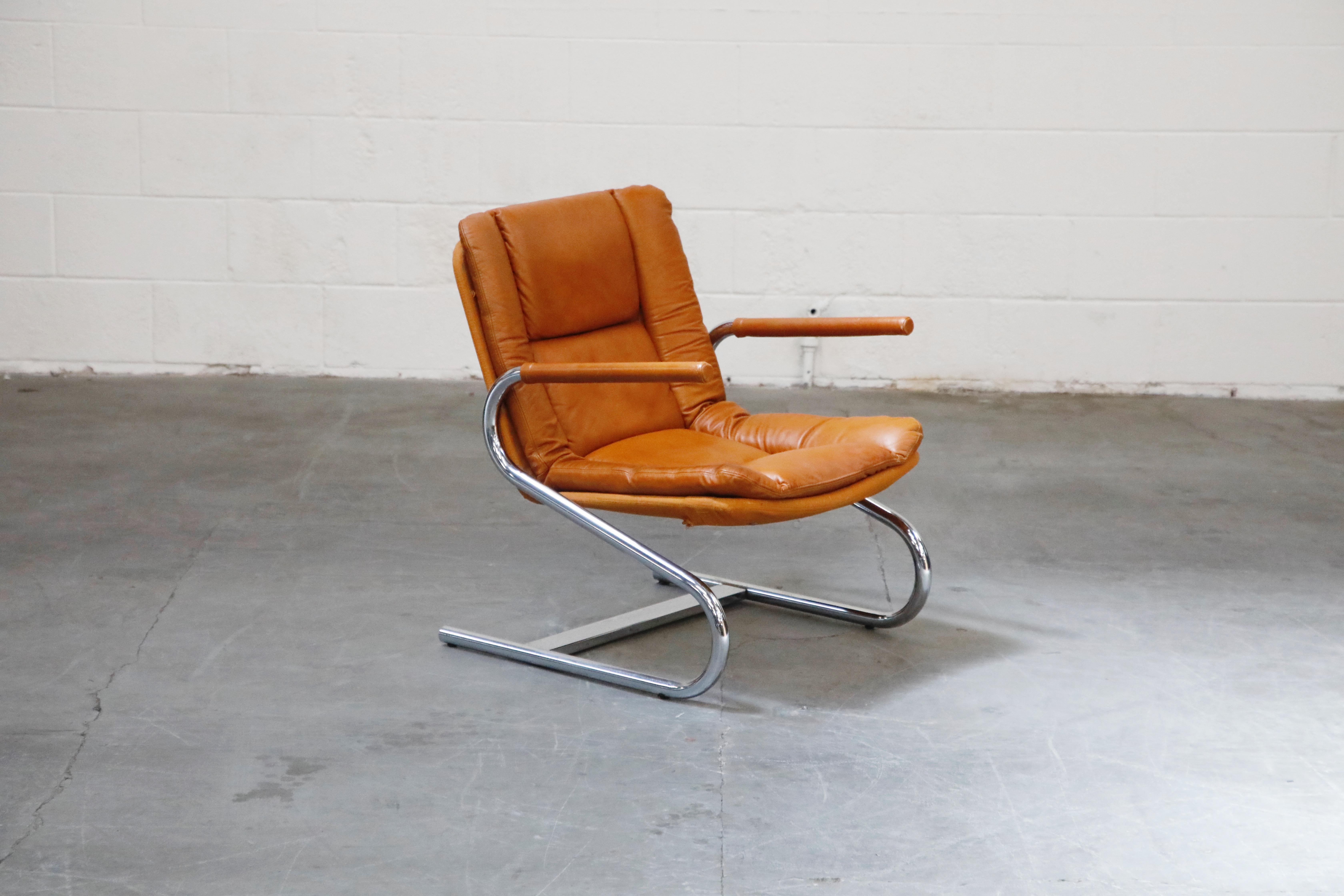 Italian Cognac Leather Lounge Chair Attributed to Guido Faleschini for Mariani, 1970s