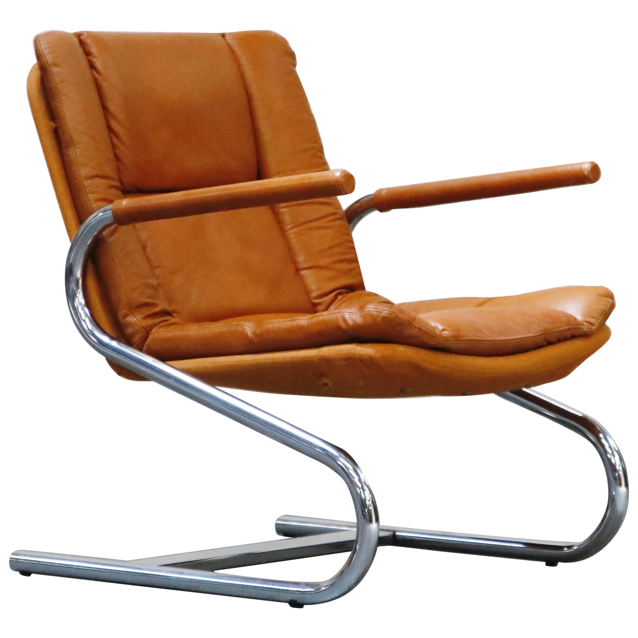 Cognac Leather Lounge Chair Attributed to Guido Faleschini for Mariani, 1970s