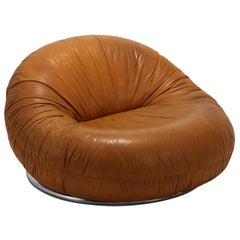 Cognac Leather Lounge Chair on Round Chrome Base