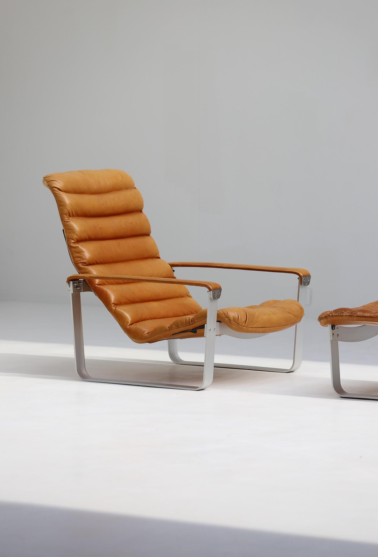 Mid-Century Modern Cognac Leather Lounge Chair with Ottoman by Ilmari Lappalainen for Asko 1960s