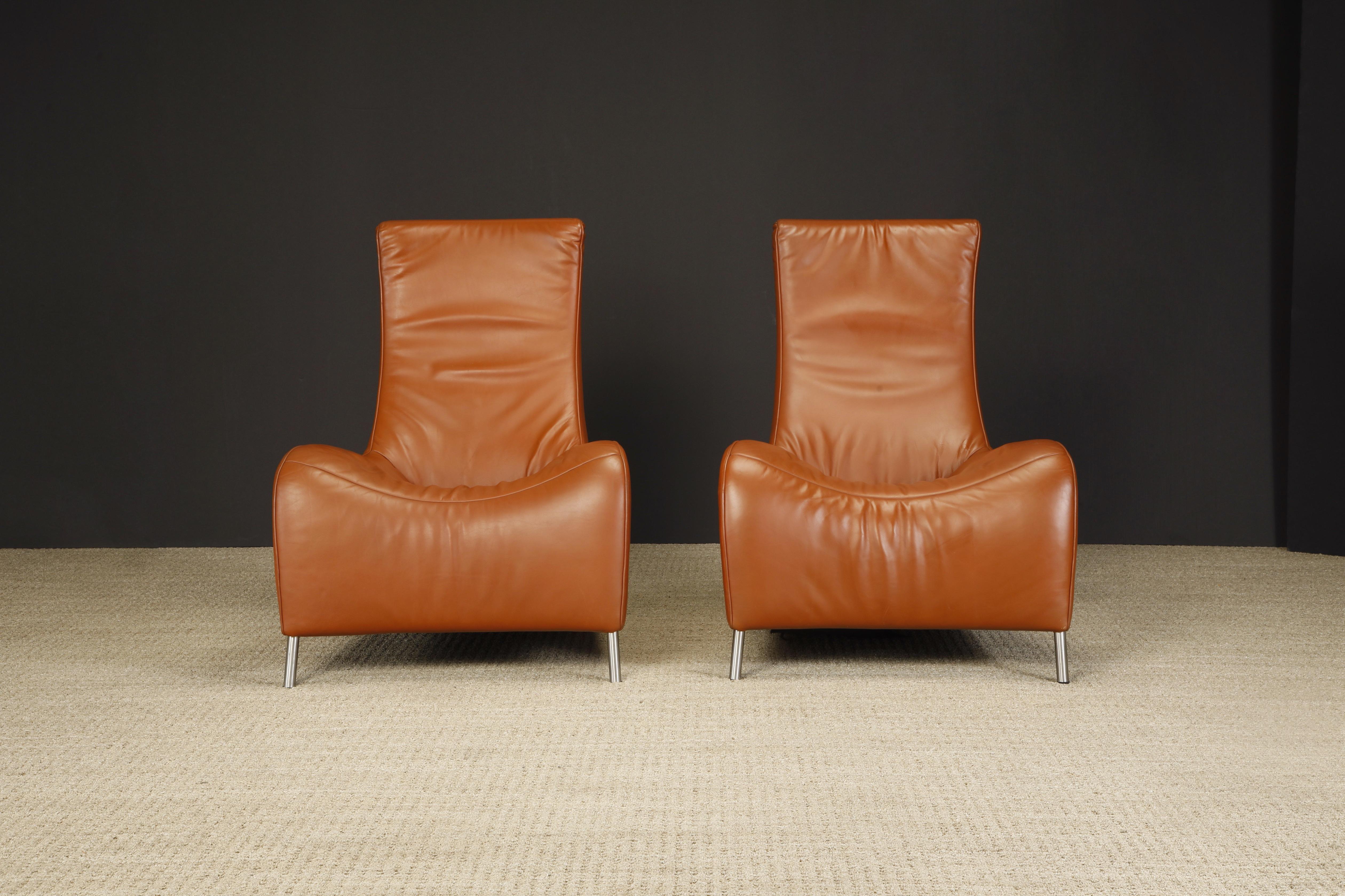 This incredible pair of Matthias Hoffman for De Sede, Switzerland, model DS-264 lounge chairs, circa 1980s, features gorgeous cognac color leather and aluminum legs. Signed on underside with branded De Sede fabric.

*Priced for the pair, contact
