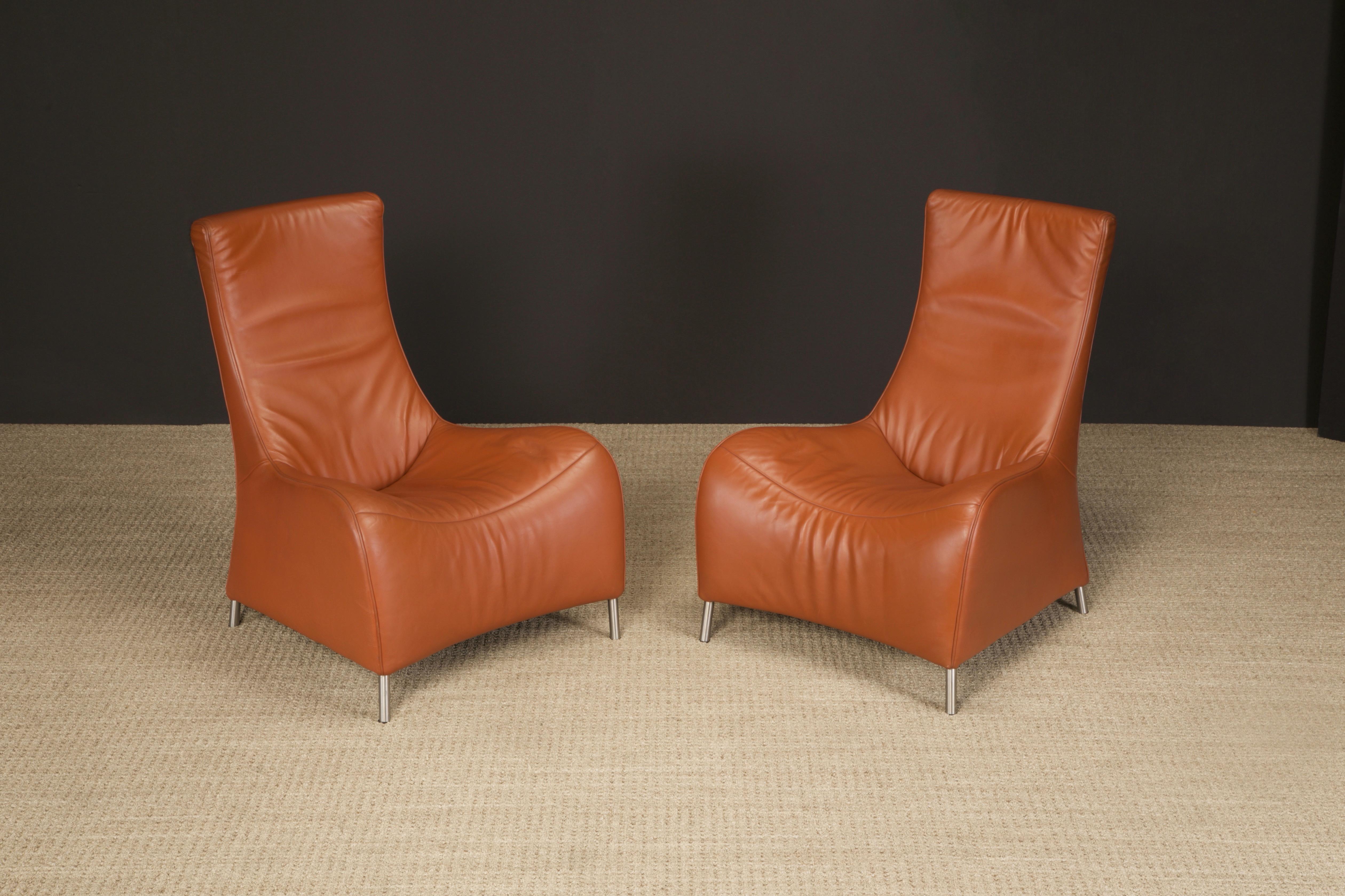 Swiss Cognac Leather Lounge Chairs by Mathias Hoffmann for De Sede, 1980s, Signed For Sale