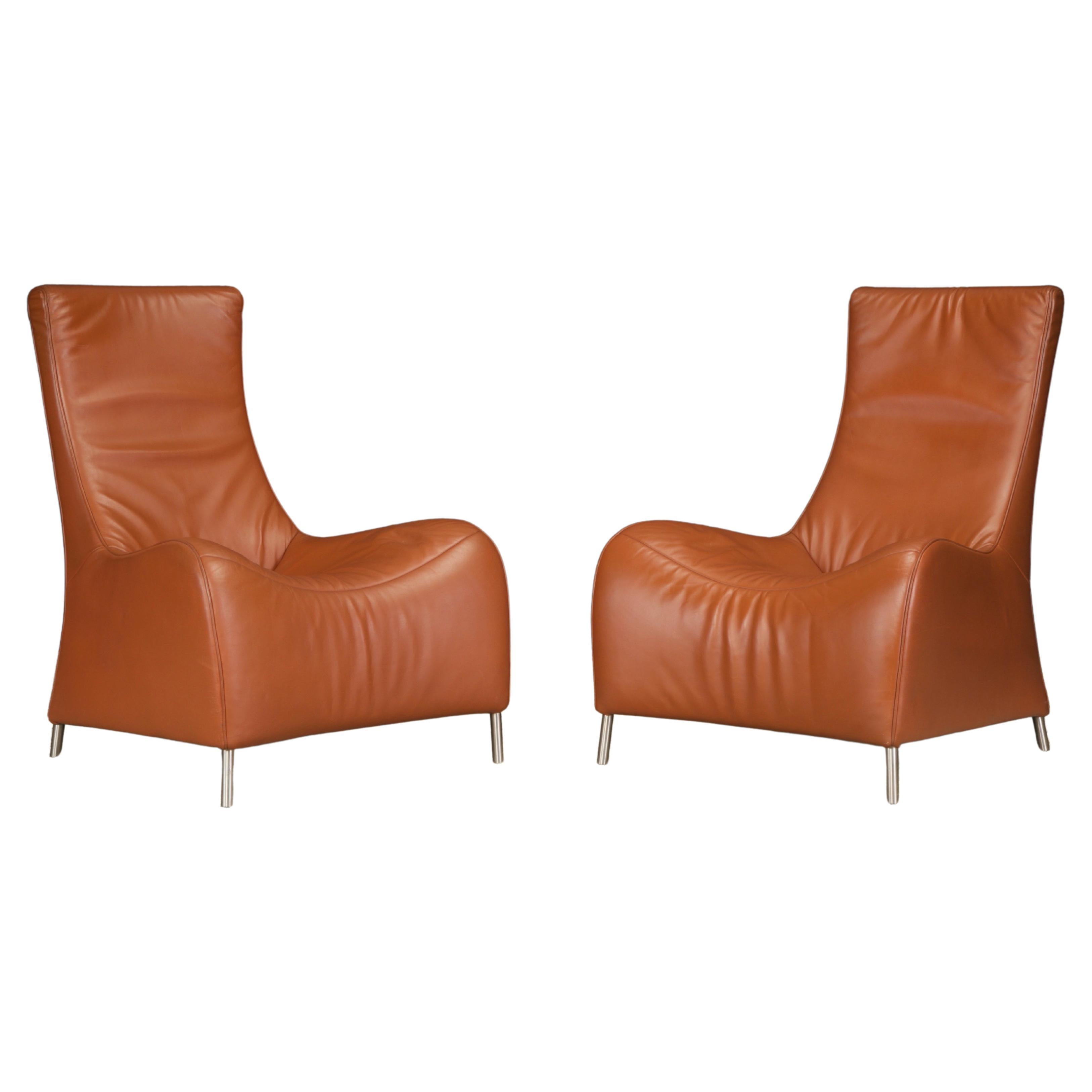 Cognac Leather Lounge Chairs by Mathias Hoffmann for De Sede, 1980s, Signed For Sale