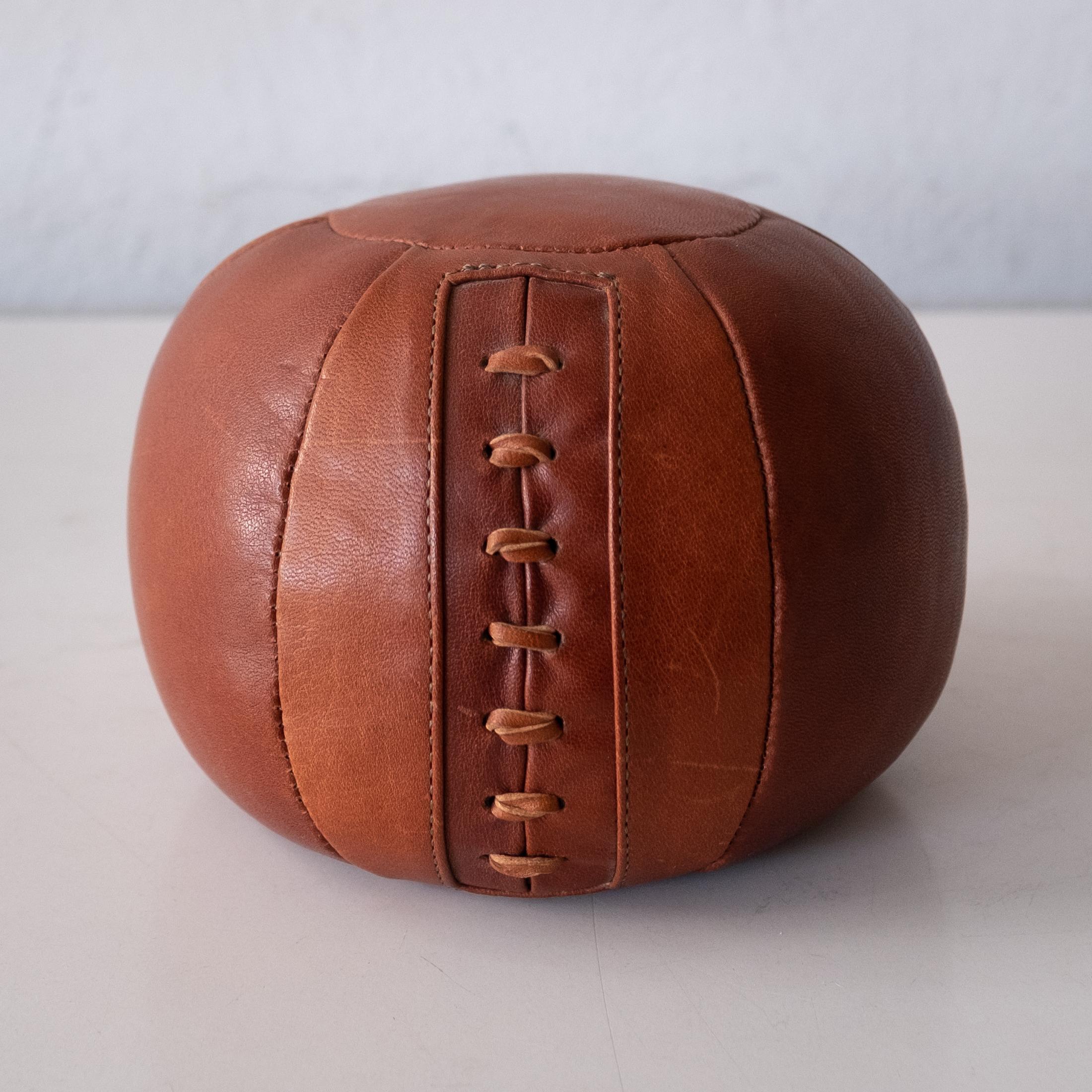 Mid-Century Modern Cognac Leather Medicine Ball Paperweight For Sale