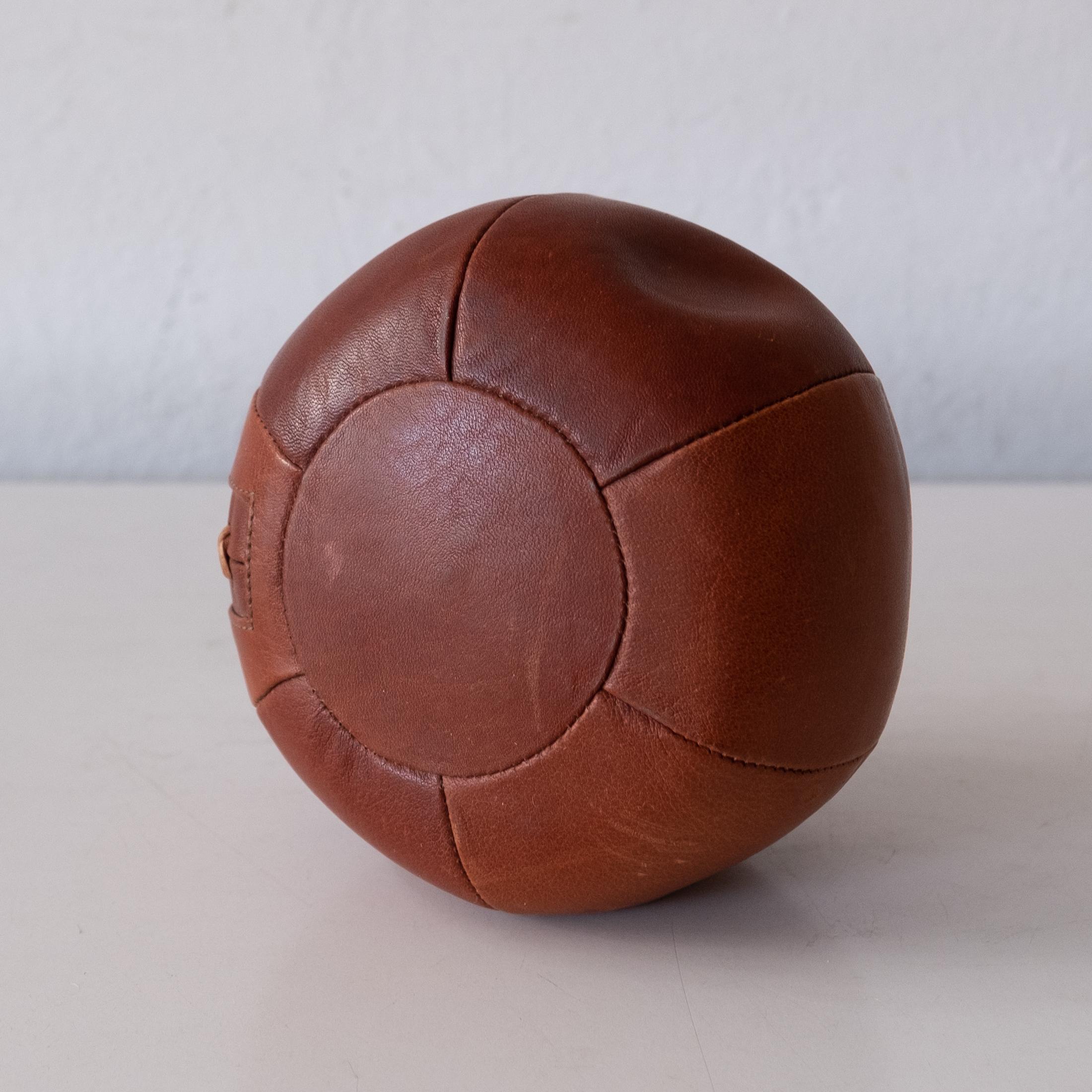Cognac Leather Medicine Ball Paperweight In Good Condition For Sale In San Diego, CA