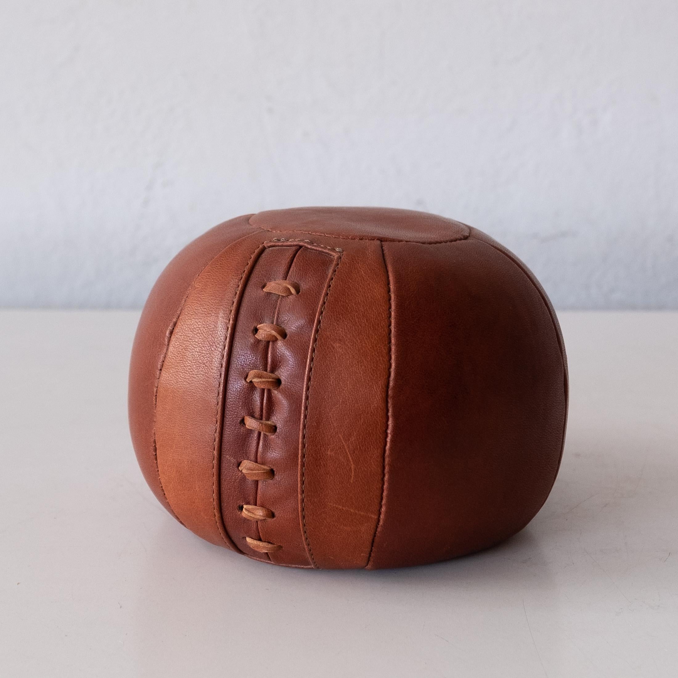 Cognac Leather Medicine Ball Paperweight For Sale 2