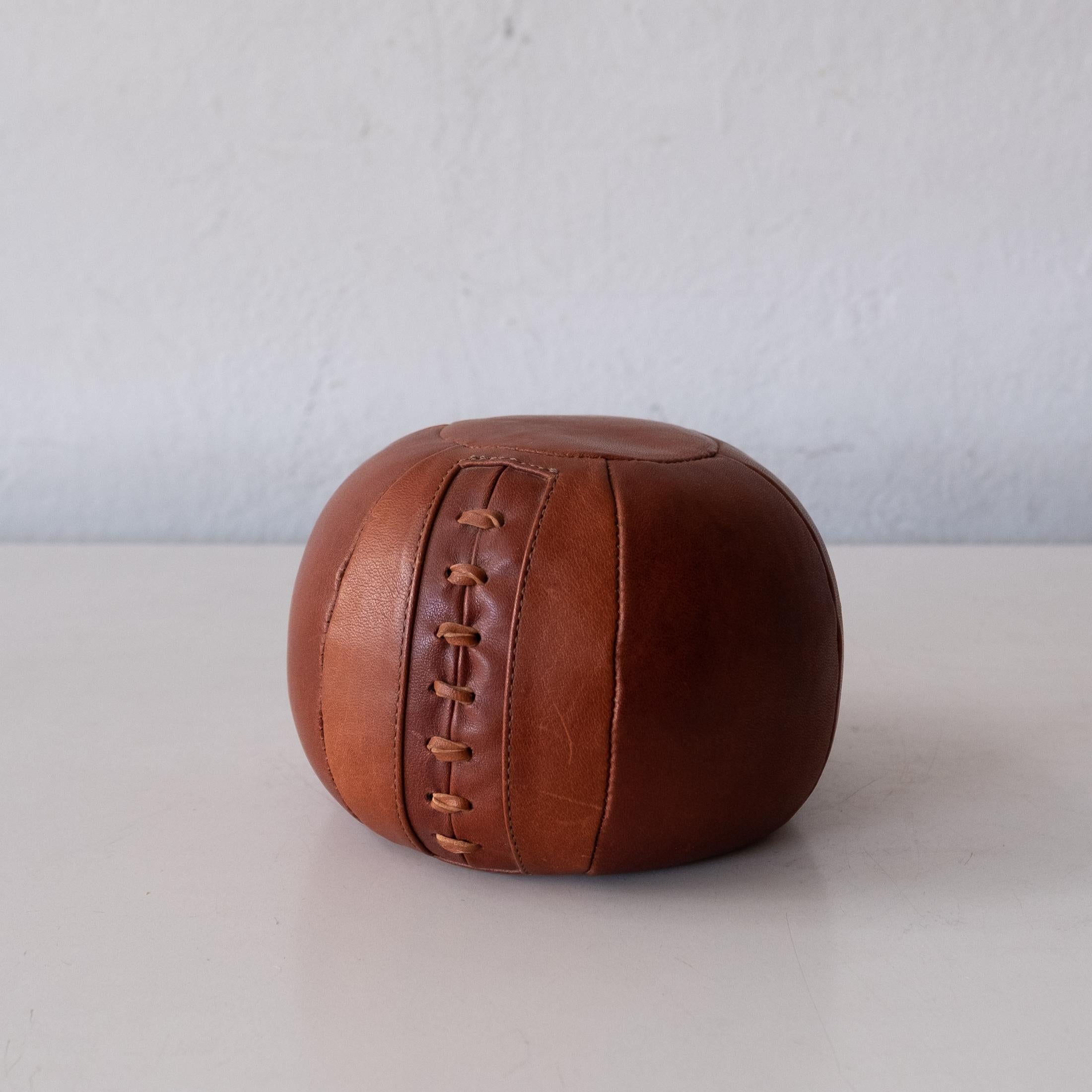 Cognac Leather Medicine Ball Paperweight For Sale 3