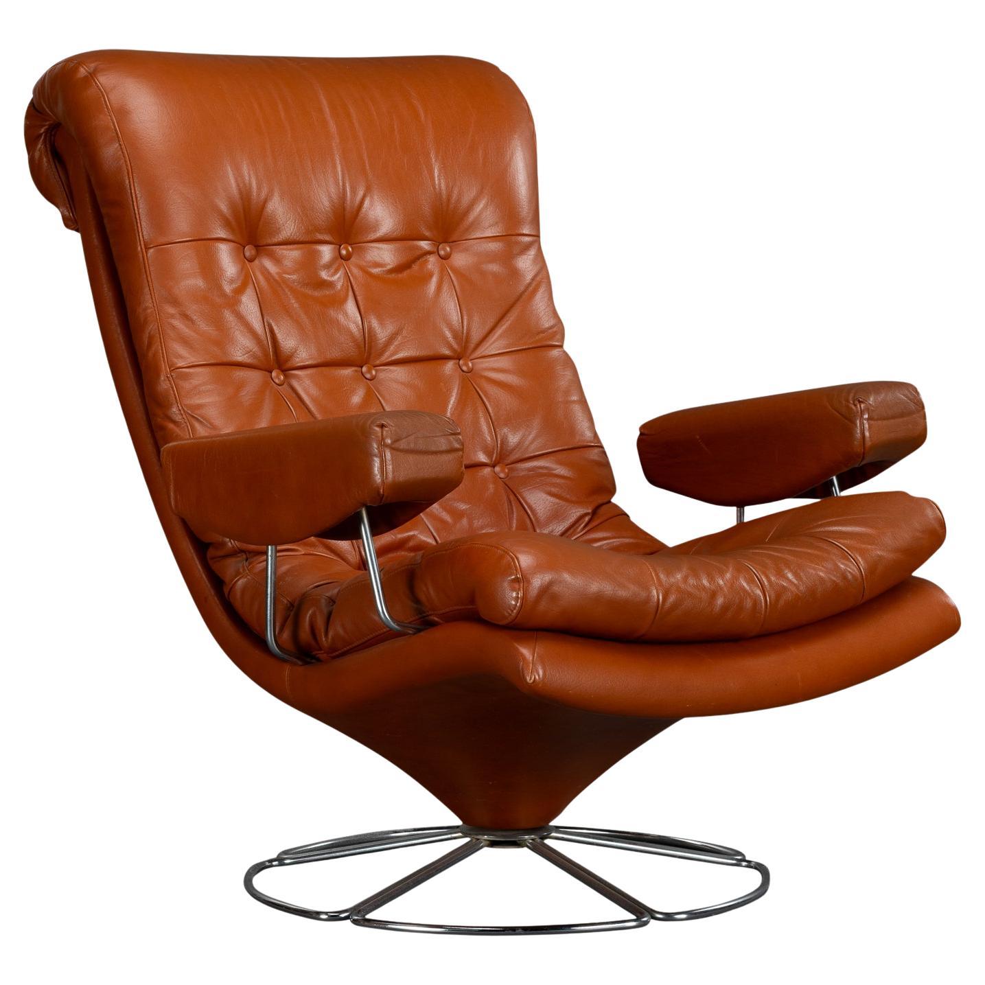 Cognac Leather Mid-Century Modern Swivel Chair, 1960s