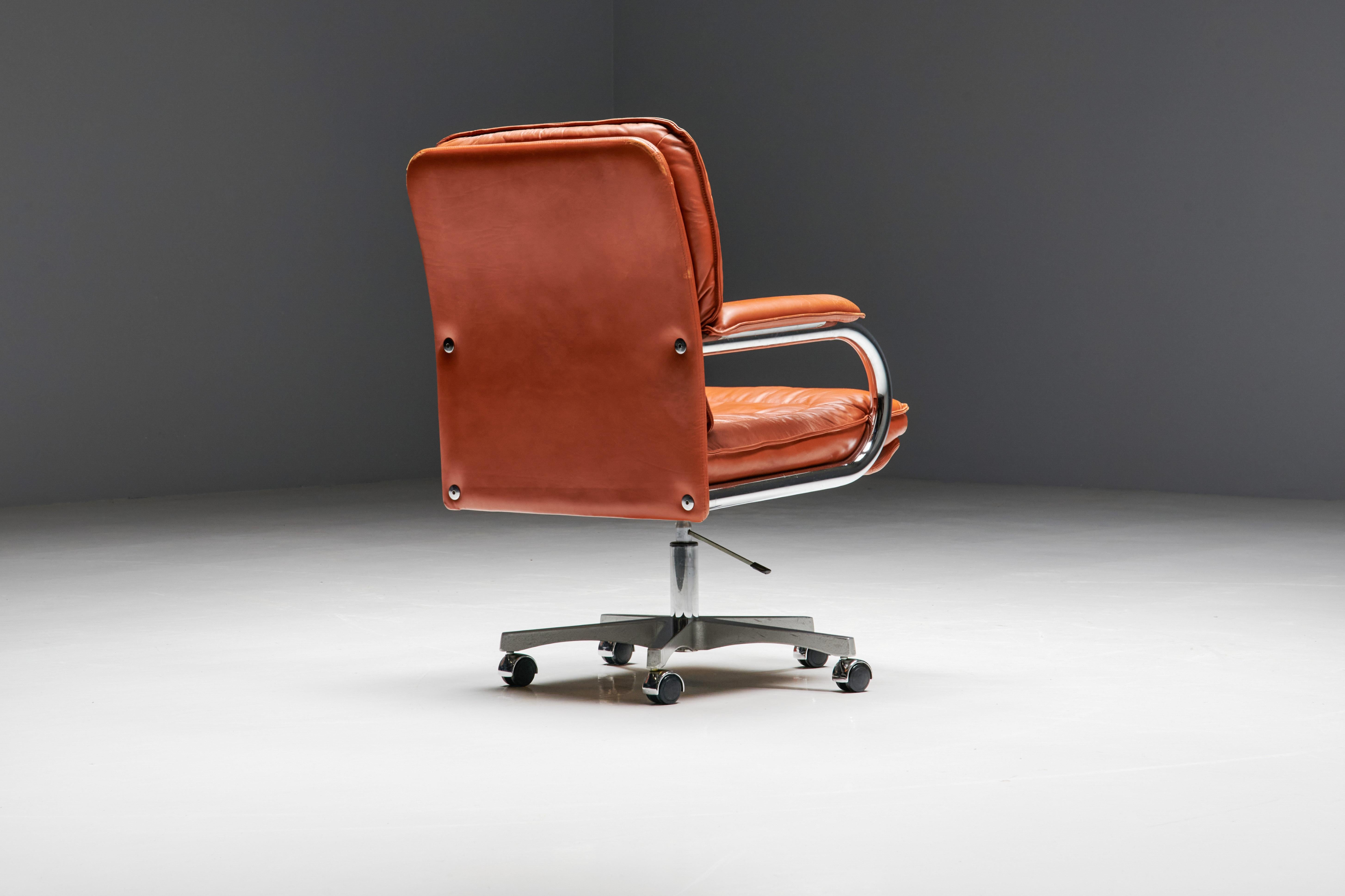 Metal Cognac Leather Office Chair by Guido Faleschini for Mariani, Italy, 1970s For Sale