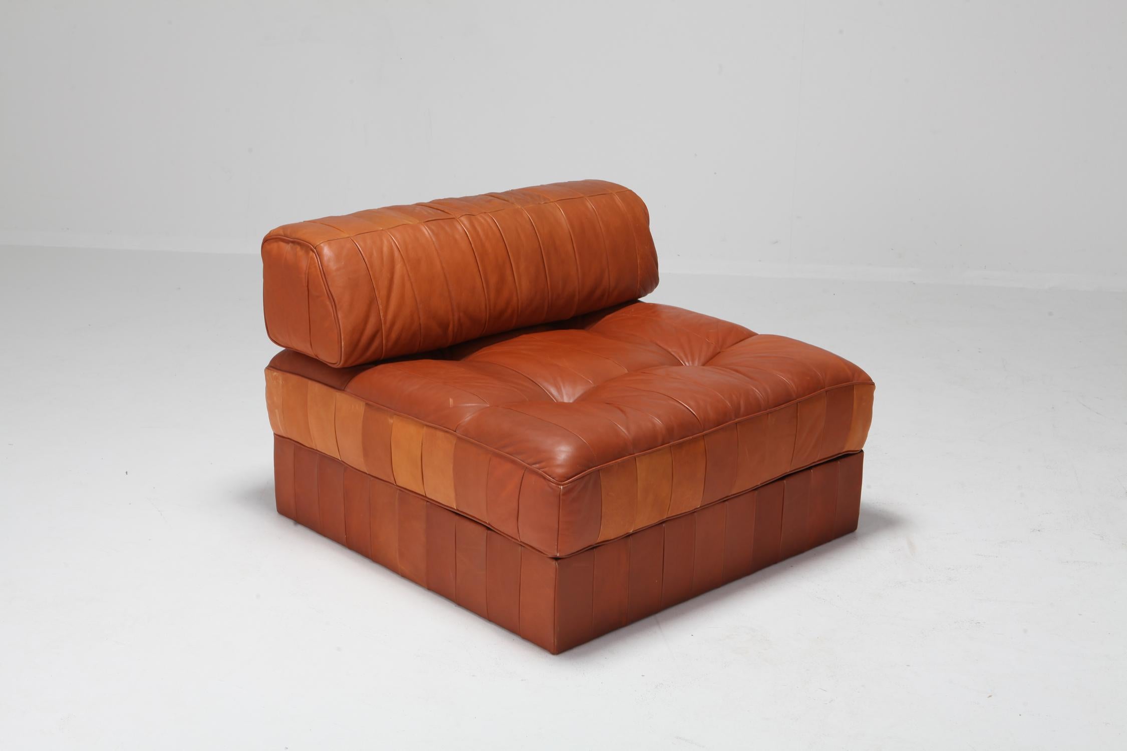 Mid-Century Modern Cognac Leather Patchwork Lounge Chairs by De Sede Model DS 88