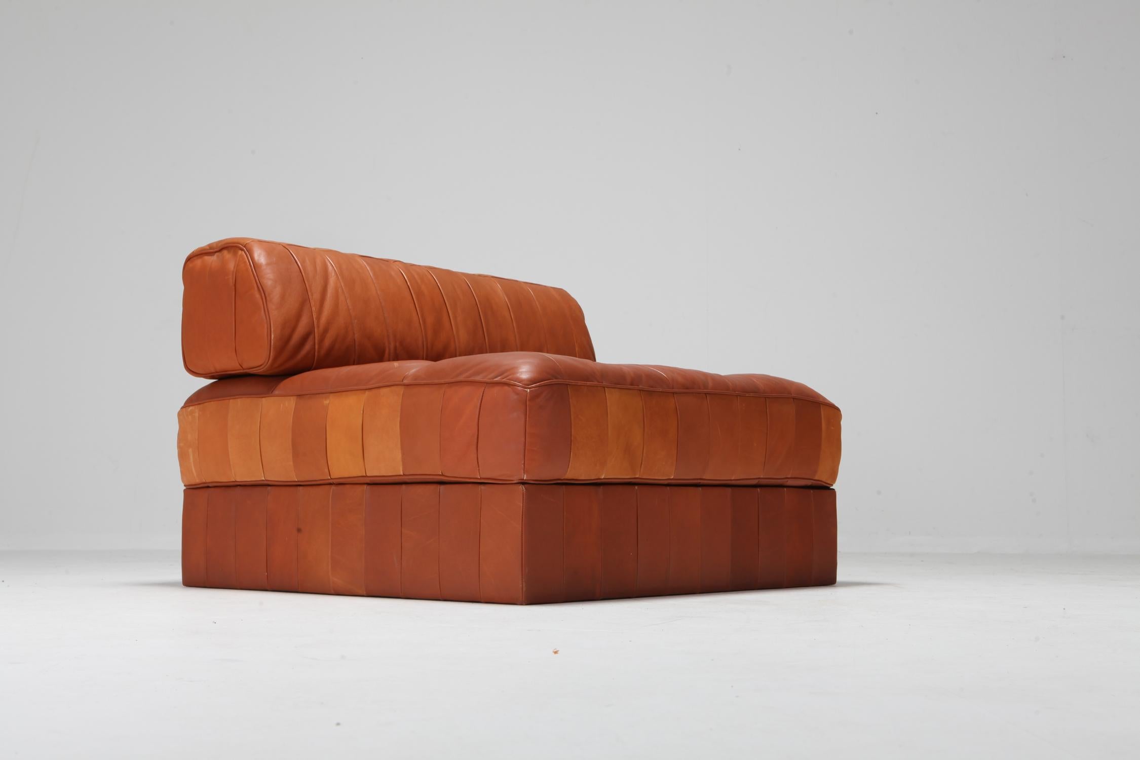European Cognac Leather Patchwork Lounge Chairs by De Sede Model DS 88