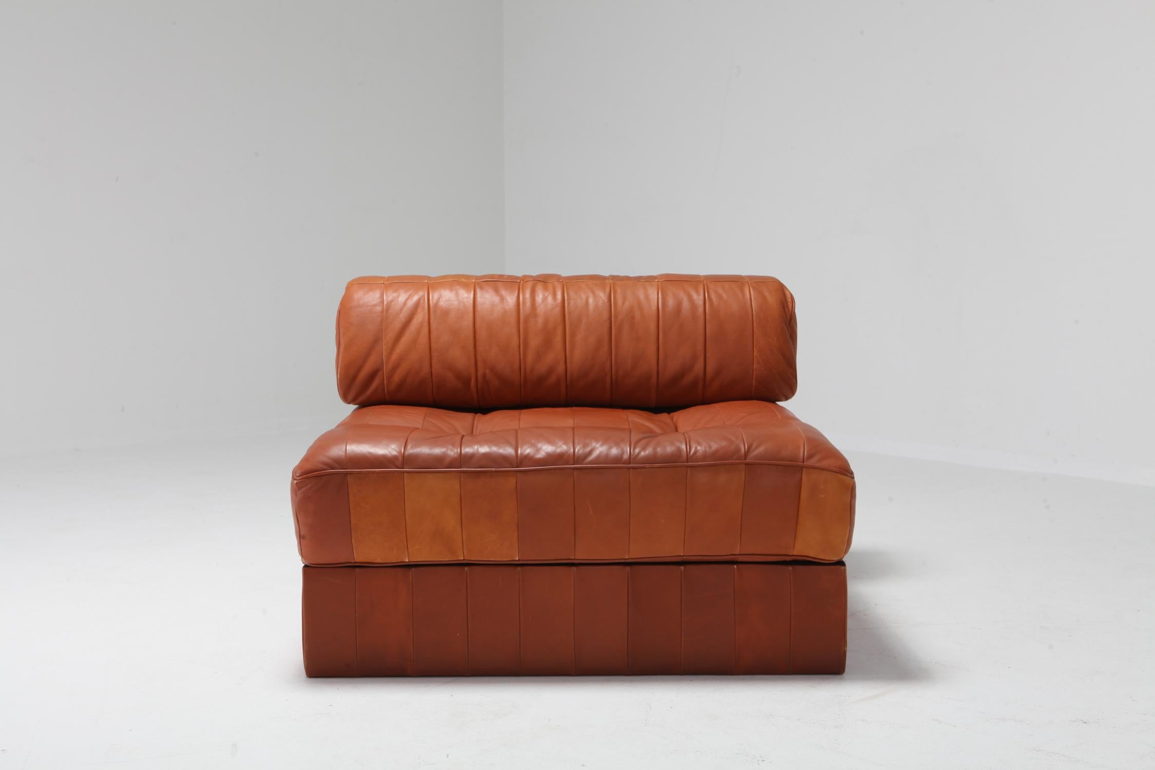 Cognac Leather Patchwork Lounge Chairs by De Sede Model DS 88 In Good Condition In Antwerp, BE