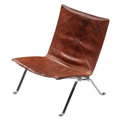 Sedia da salotto in pelle cognac PK 22 Poul Kjaerholm, stile moderno scandinavo, anni '60