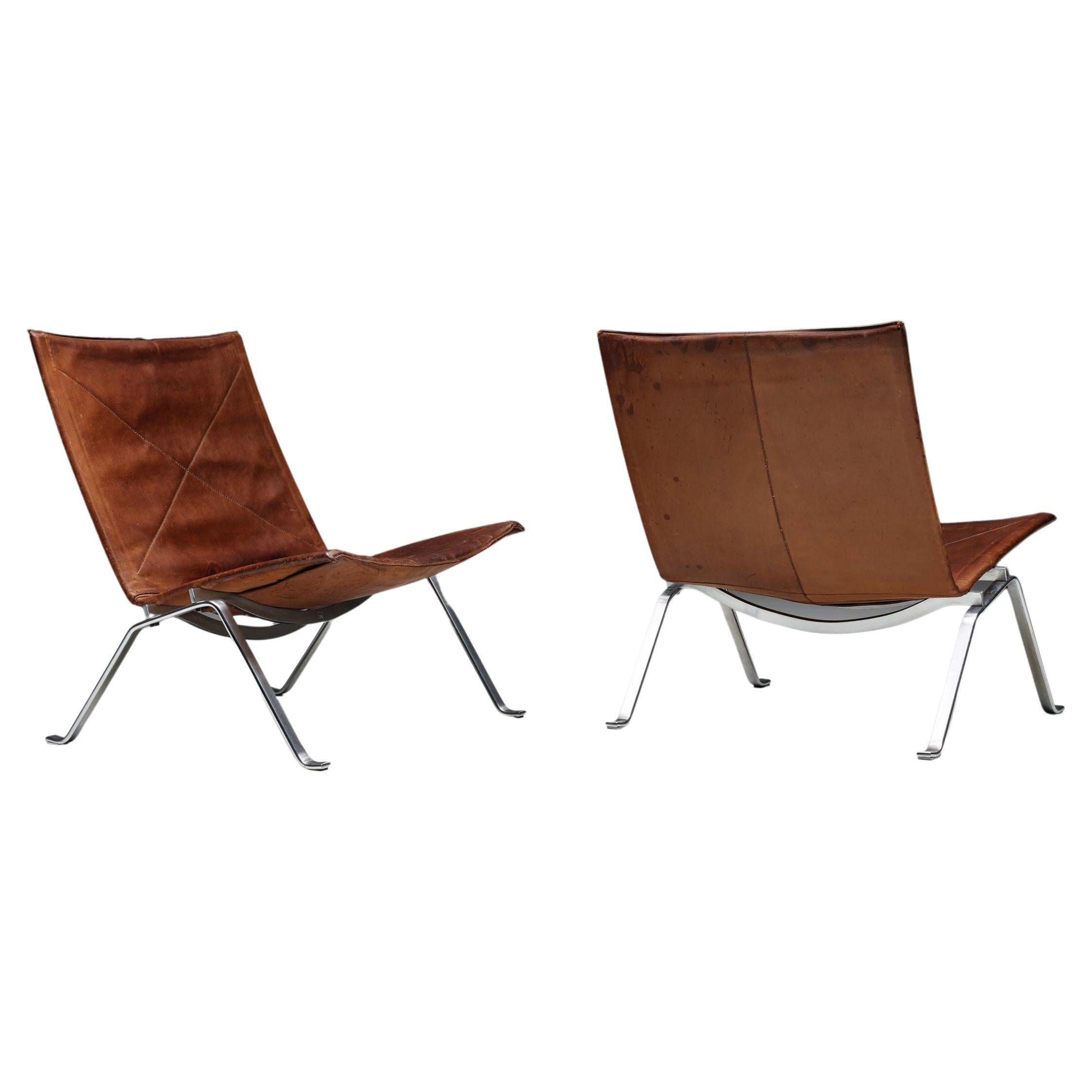 Cognac Leather PK 22 Poul Kjaerholm Lounge Chairs, Scandinavian Modern, 1960's