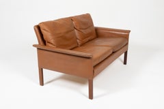 Canapé deux places en cuir cognac et palissandre par Hans Olsen pour CS Møbler, années 1960