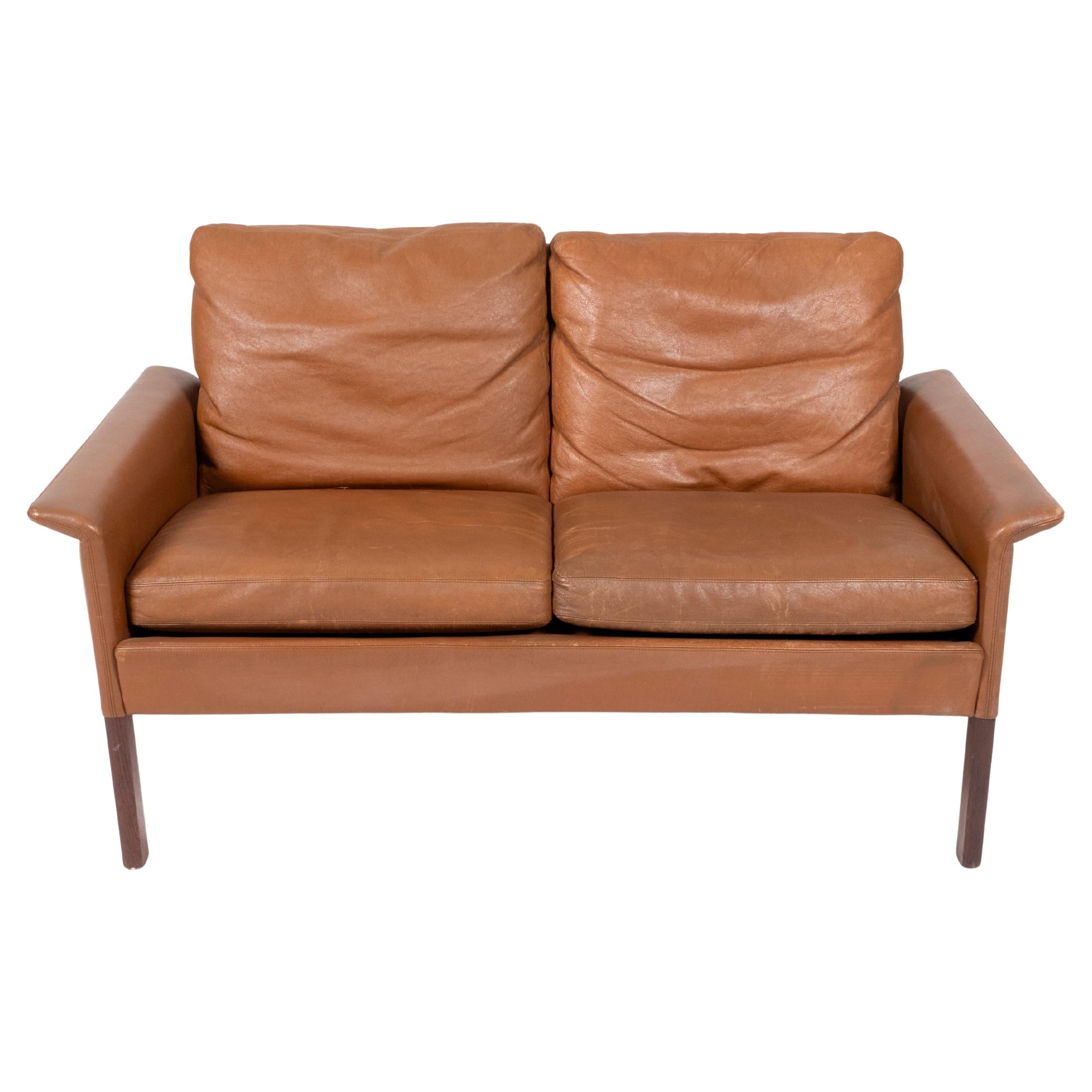 Cognac Leather & Rosewood Two-Seater Sofa by Hans Olsen for CS Møbler, 1960’s