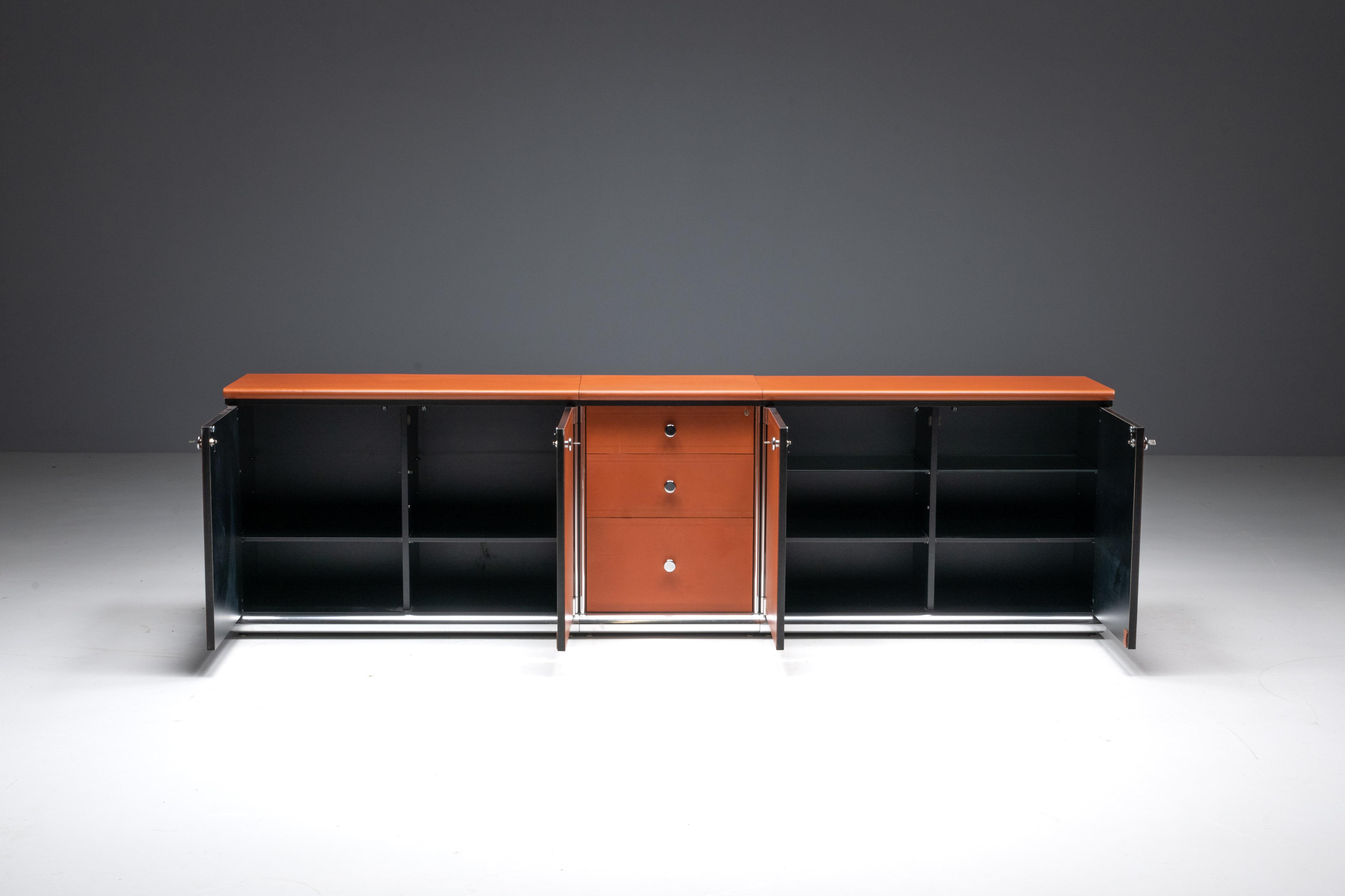 Italian Cognac Leather Sideboard by Guido Faleschini for Mariani, Italy, 1970s For Sale