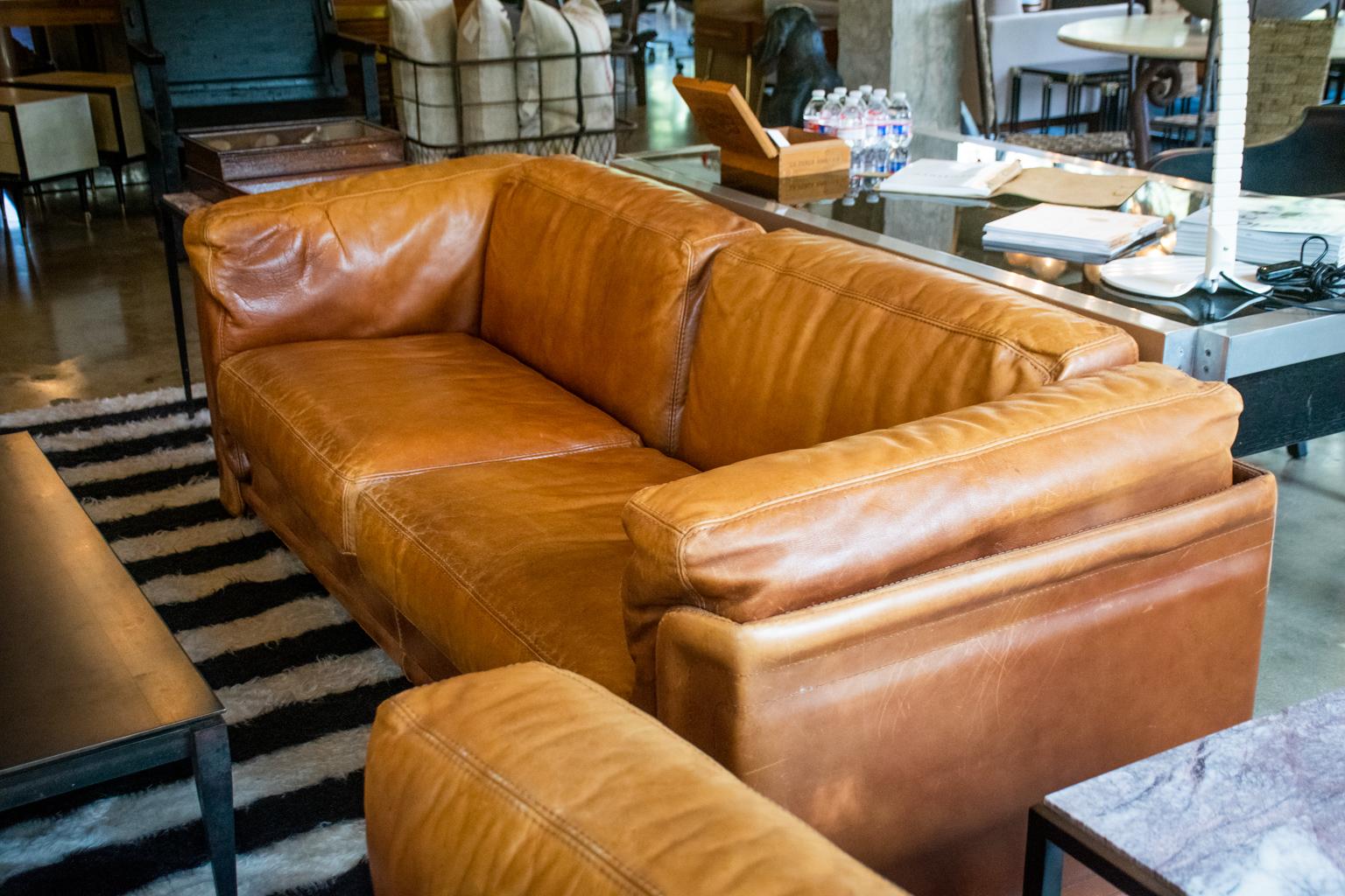 Mid-Century Modern Cognac Leather Sofa, Italy, 1970s-1980s
