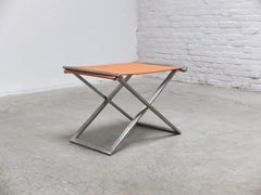 Cognacfarbener Klapphocker aus Leder und Stahl von Michael Christensen, 1960er Jahre