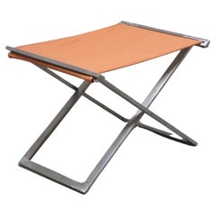 Cognacfarbener Klapphocker aus Leder und Stahl von Michael Christensen, 1960er Jahre