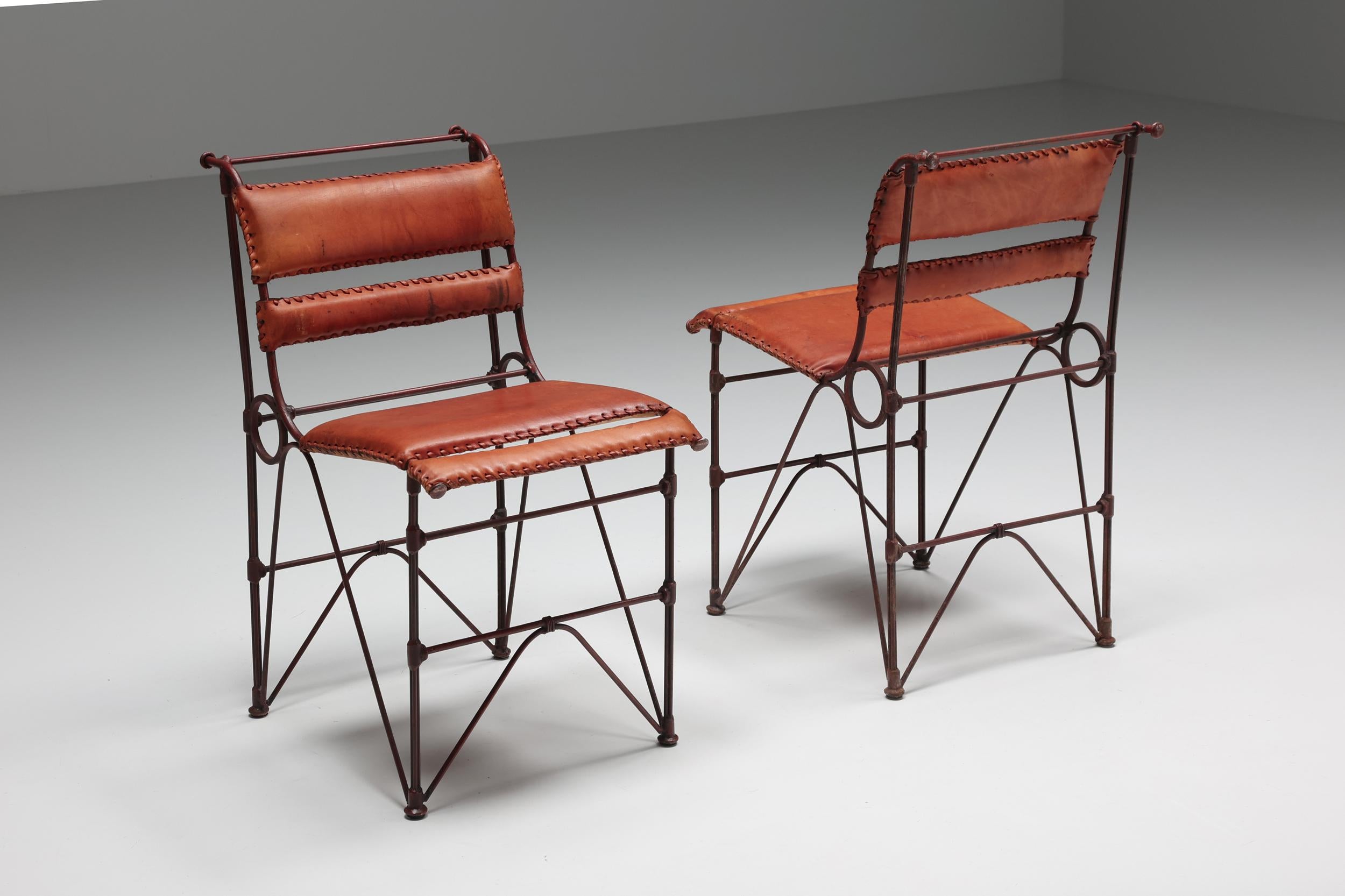 Mid-Century Modern Dining Chairs in Cognac Leather and Steel, France, 1950s For Sale