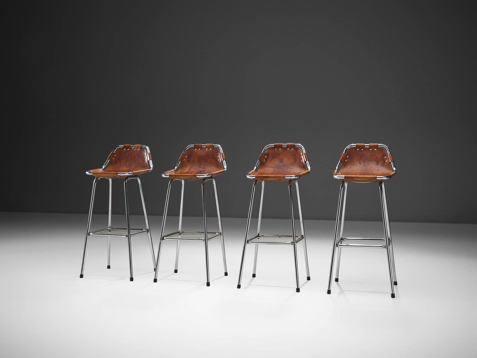 Mid-Century Modern Cognac Leather Stools Selected by Charlotte Perriand