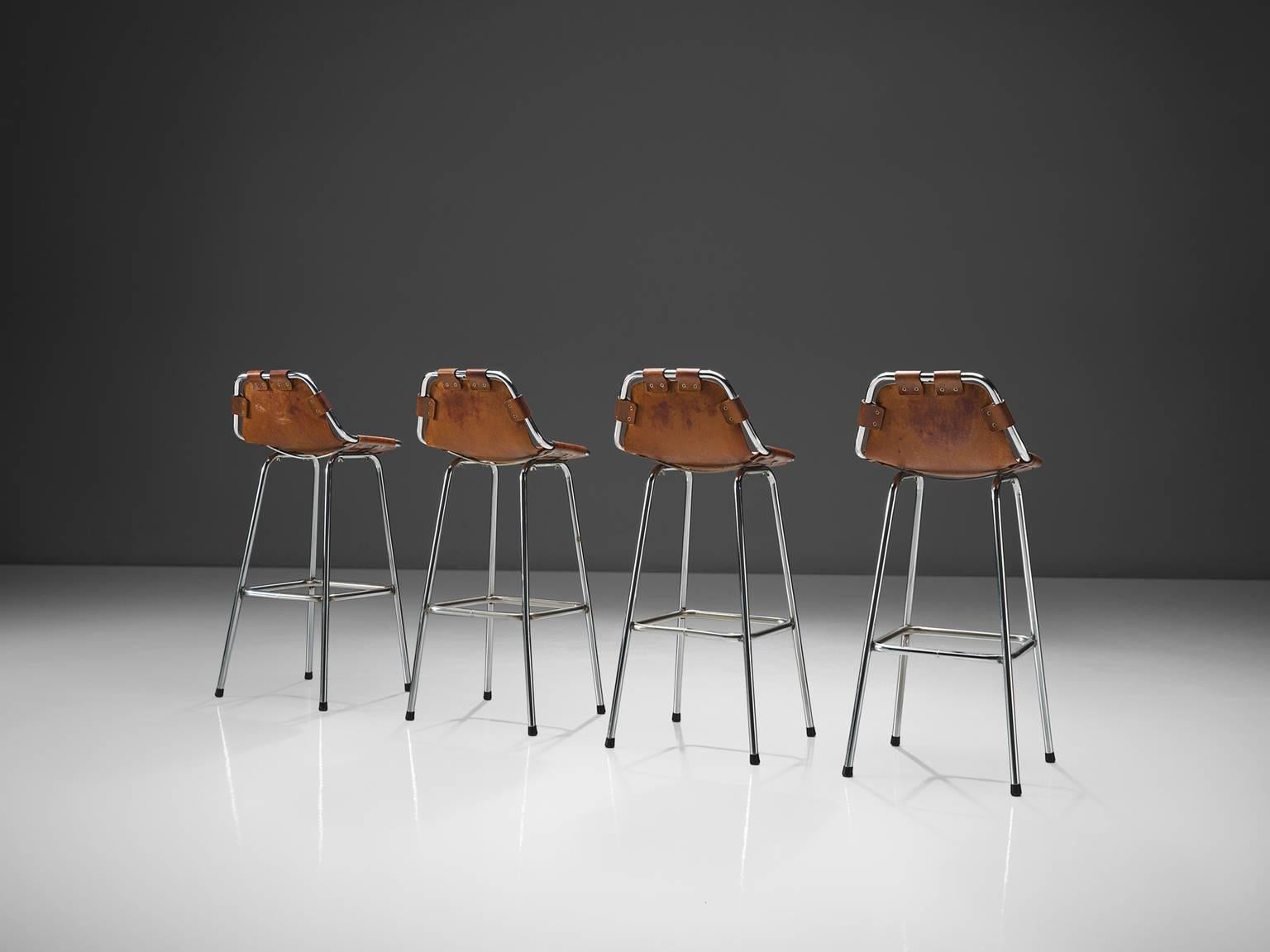 French Cognac Leather Stools Selected by Charlotte Perriand
