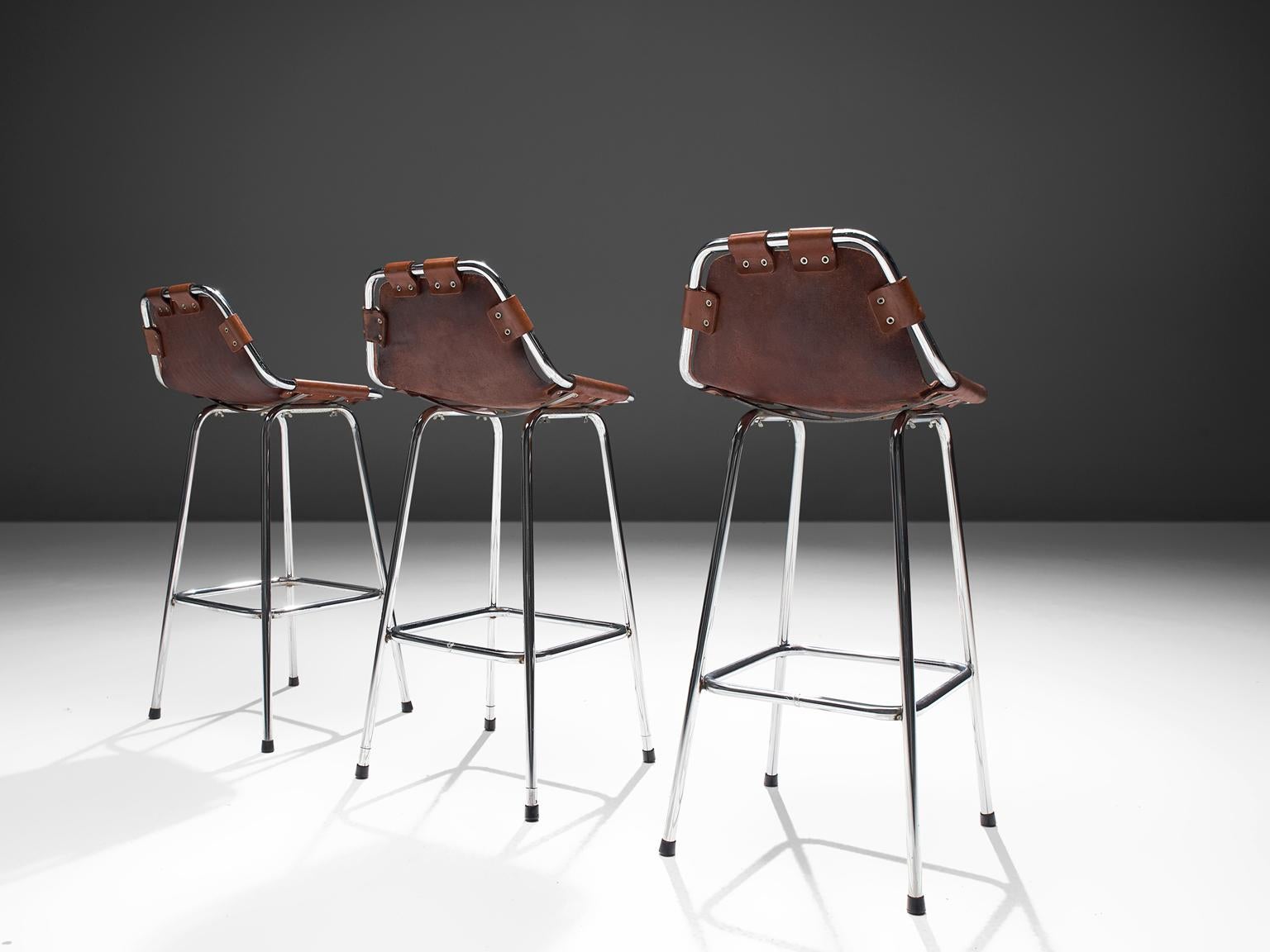 French Cognac Leather Stools Selected by Charlotte Perriand
