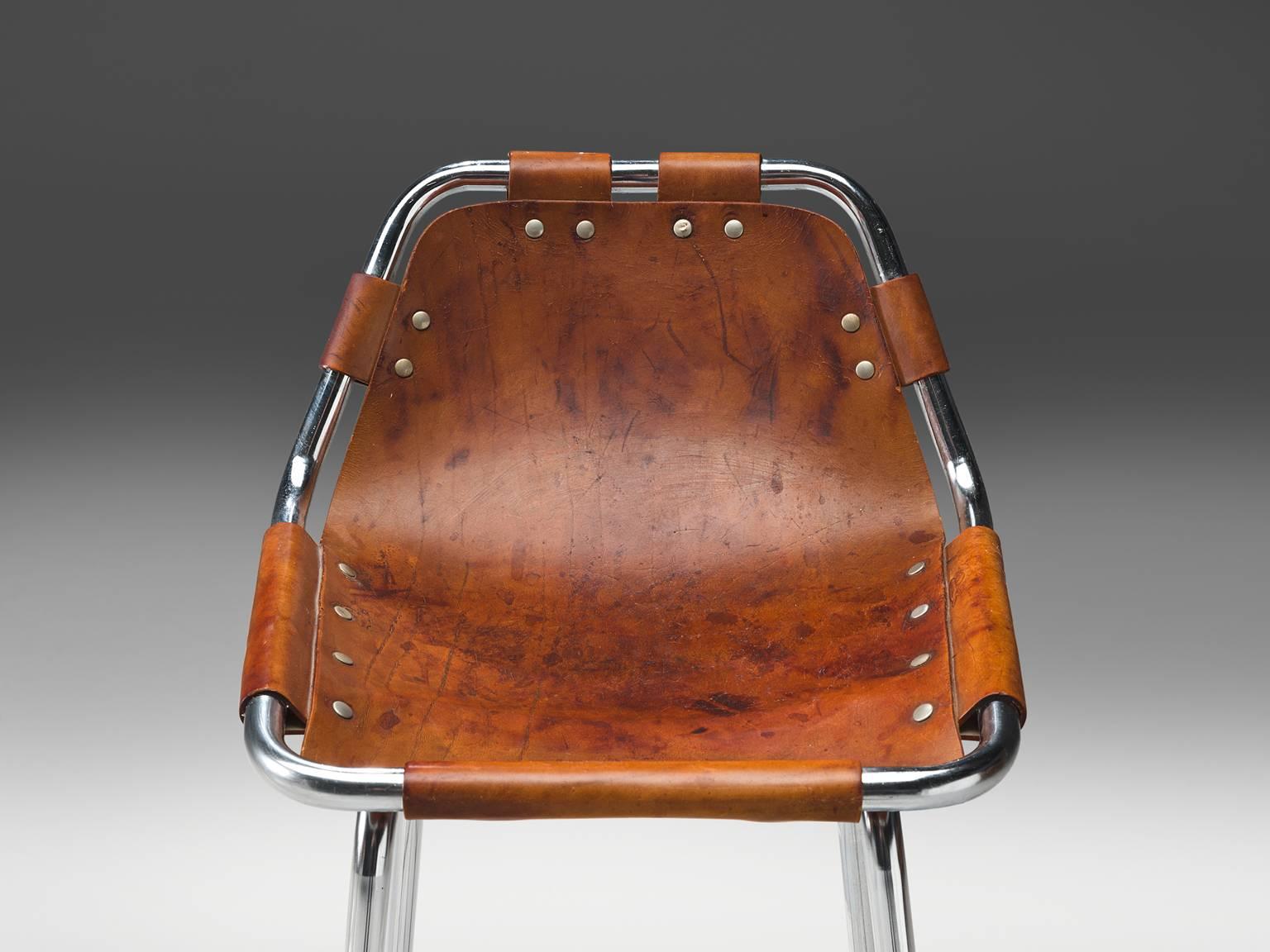 Cognac Leather Stools Selected by Charlotte Perriand In Good Condition In Waalwijk, NL