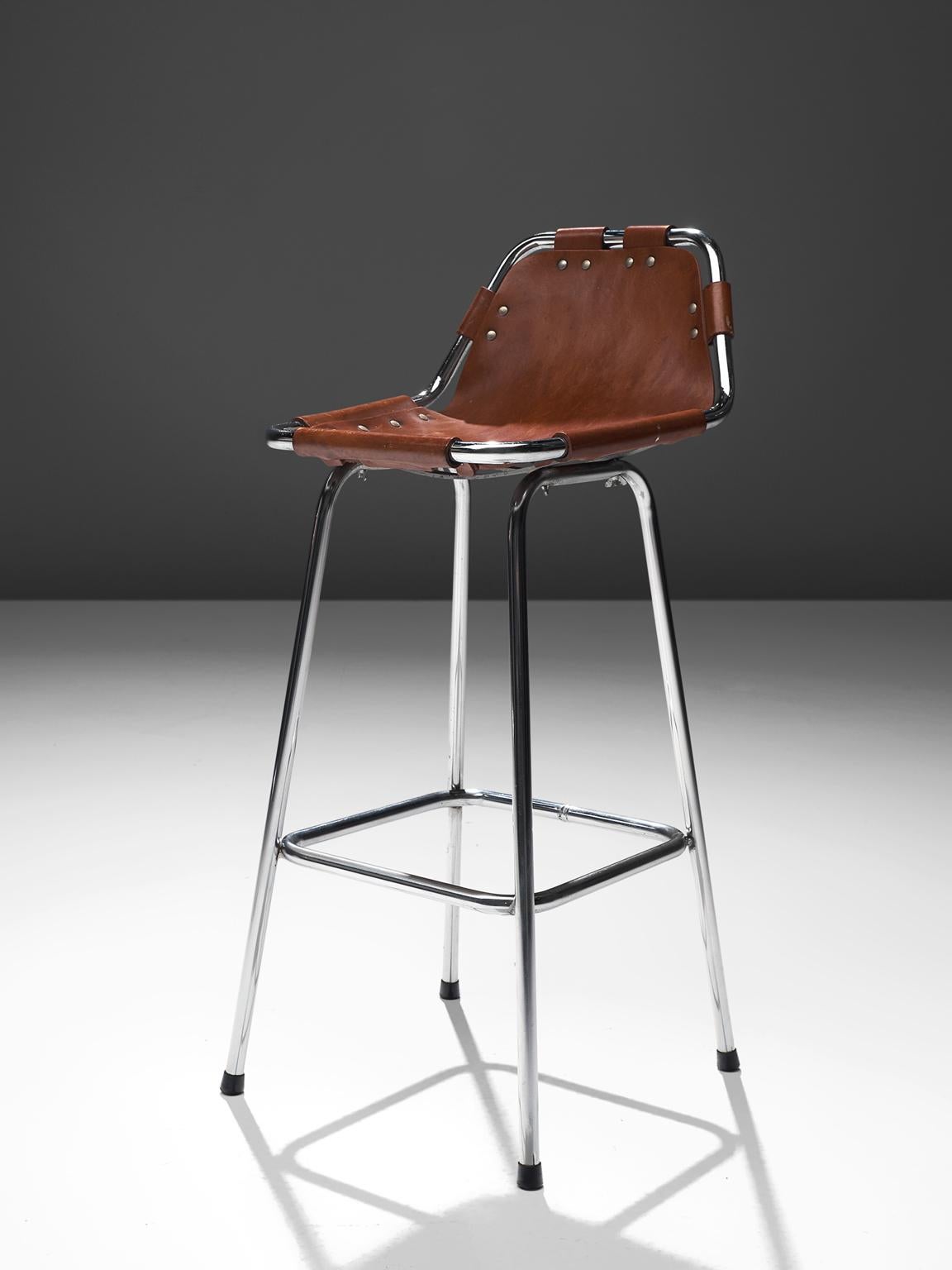 Cognac Leather Stools Selected by Charlotte Perriand In Good Condition In Waalwijk, NL