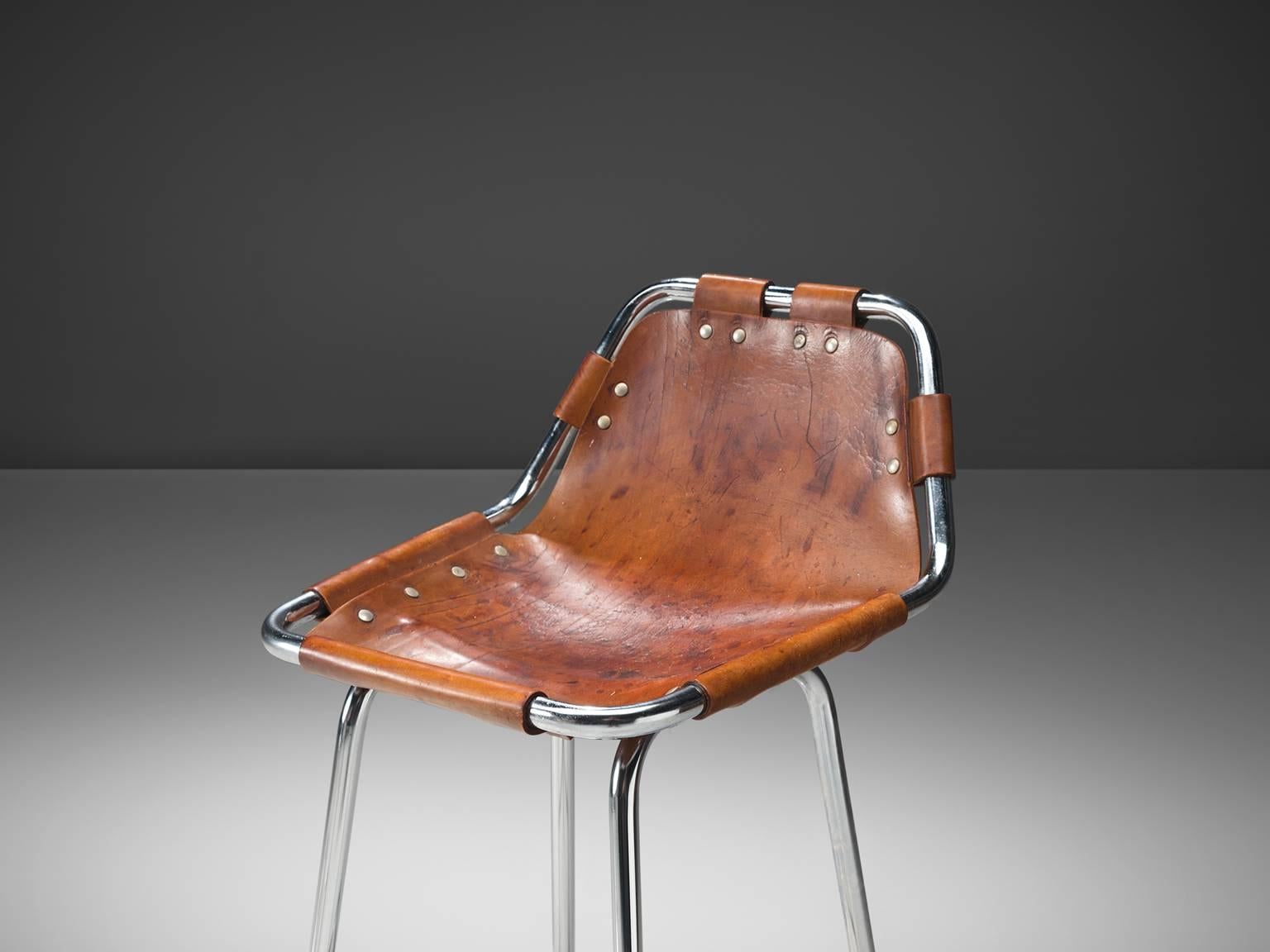 Late 20th Century Cognac Leather Stools Selected by Charlotte Perriand