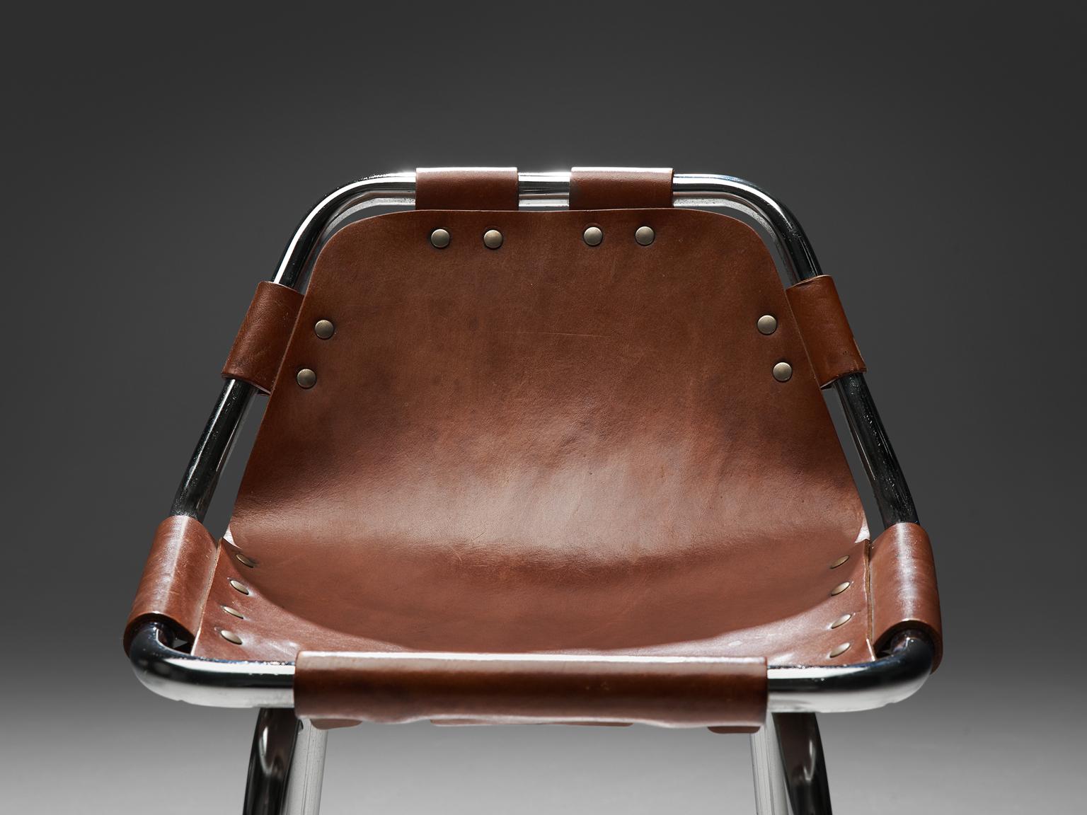 Steel Cognac Leather Stools Selected by Charlotte Perriand