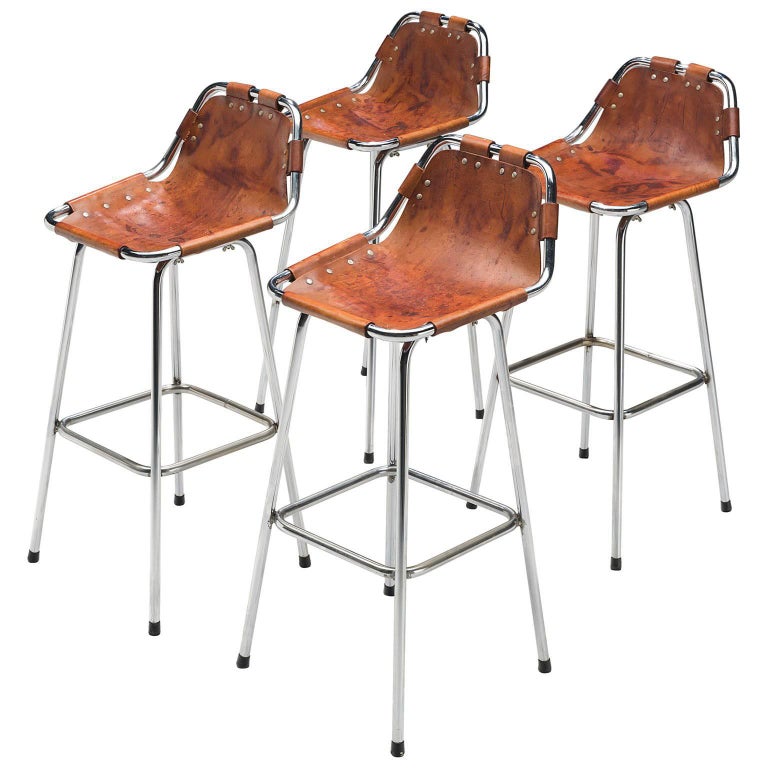 Cognac Leather Stools Selected by Charlotte Perriand For Sale at 1stDibs