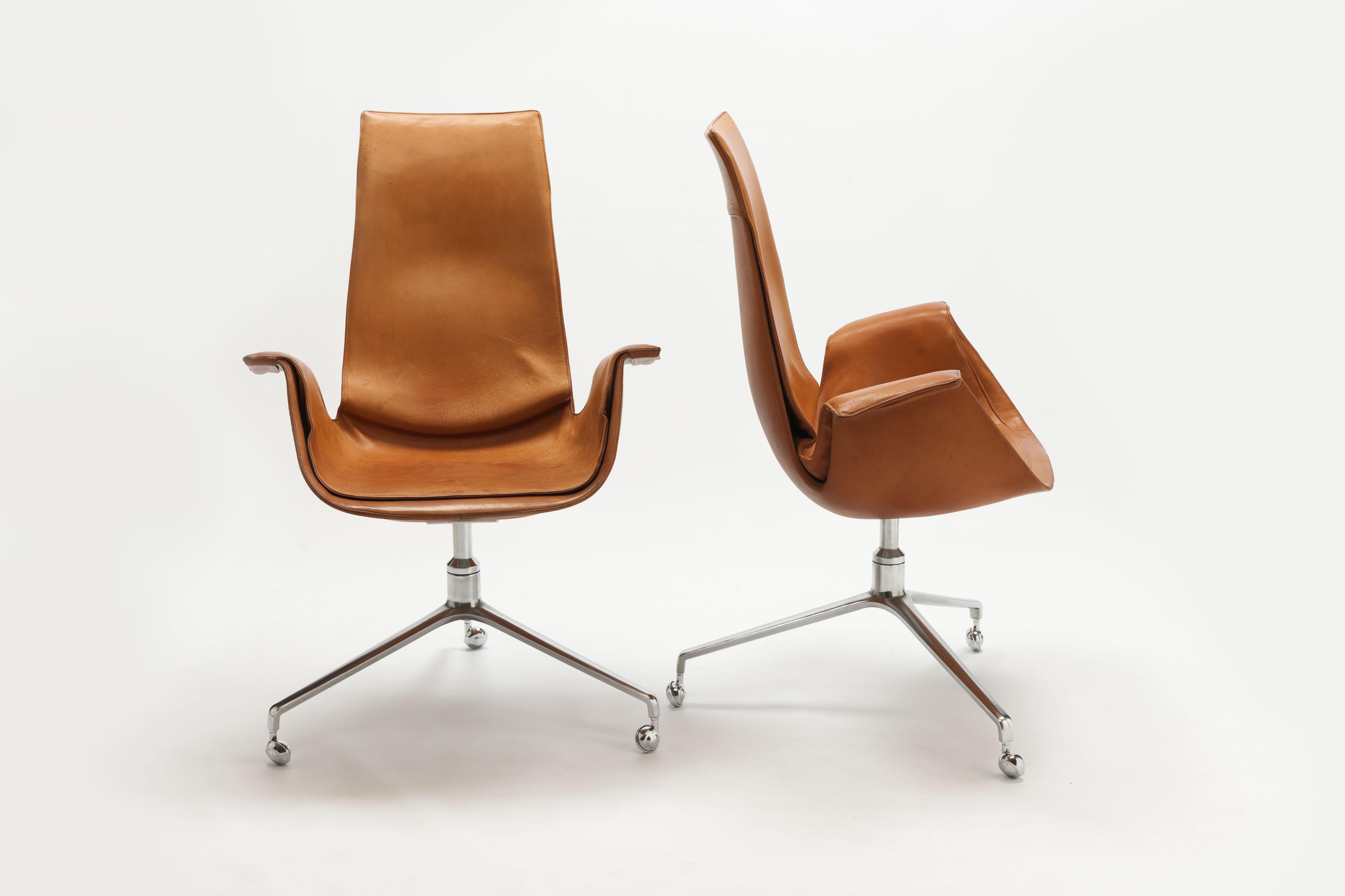 Scandinavian Modern  Cognac Leather Swivel 'Bird' Desk Chairs by Preben Fabricius & Jørgen Kastholm