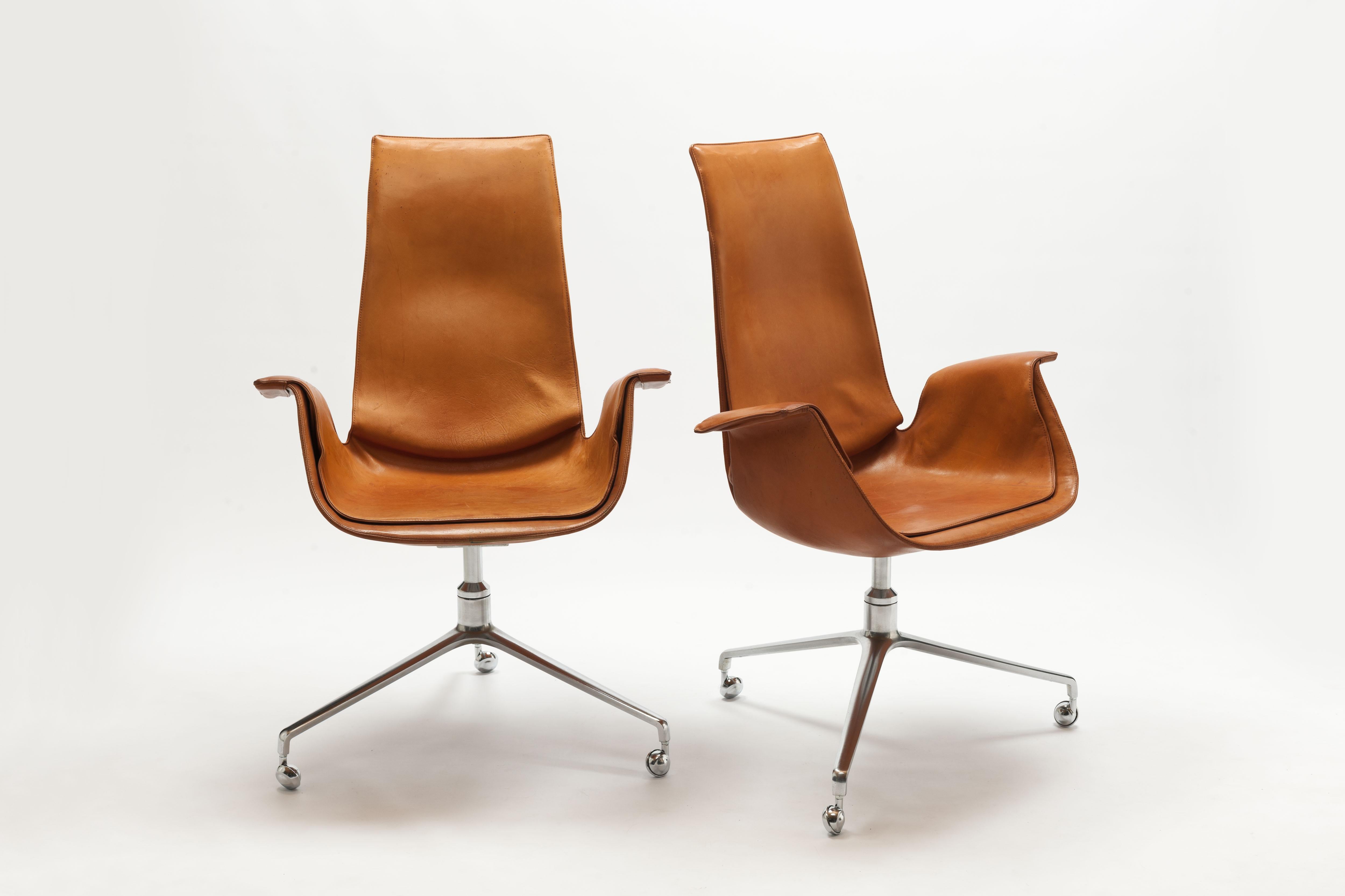 Danish  Cognac Leather Swivel 'Bird' Desk Chairs by Preben Fabricius & Jørgen Kastholm