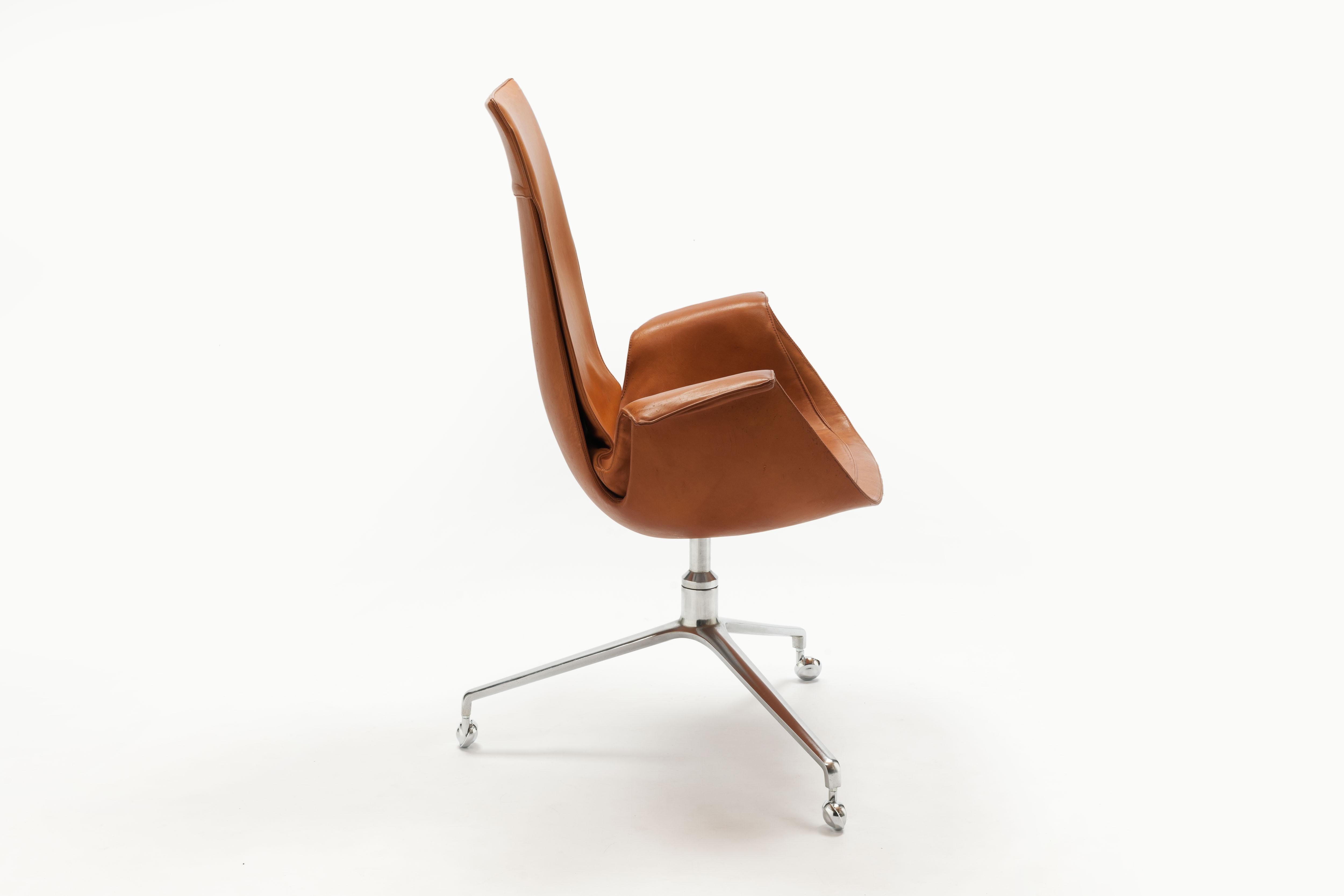 Metal  Cognac Leather Swivel 'Bird' Desk Chairs by Preben Fabricius & Jørgen Kastholm