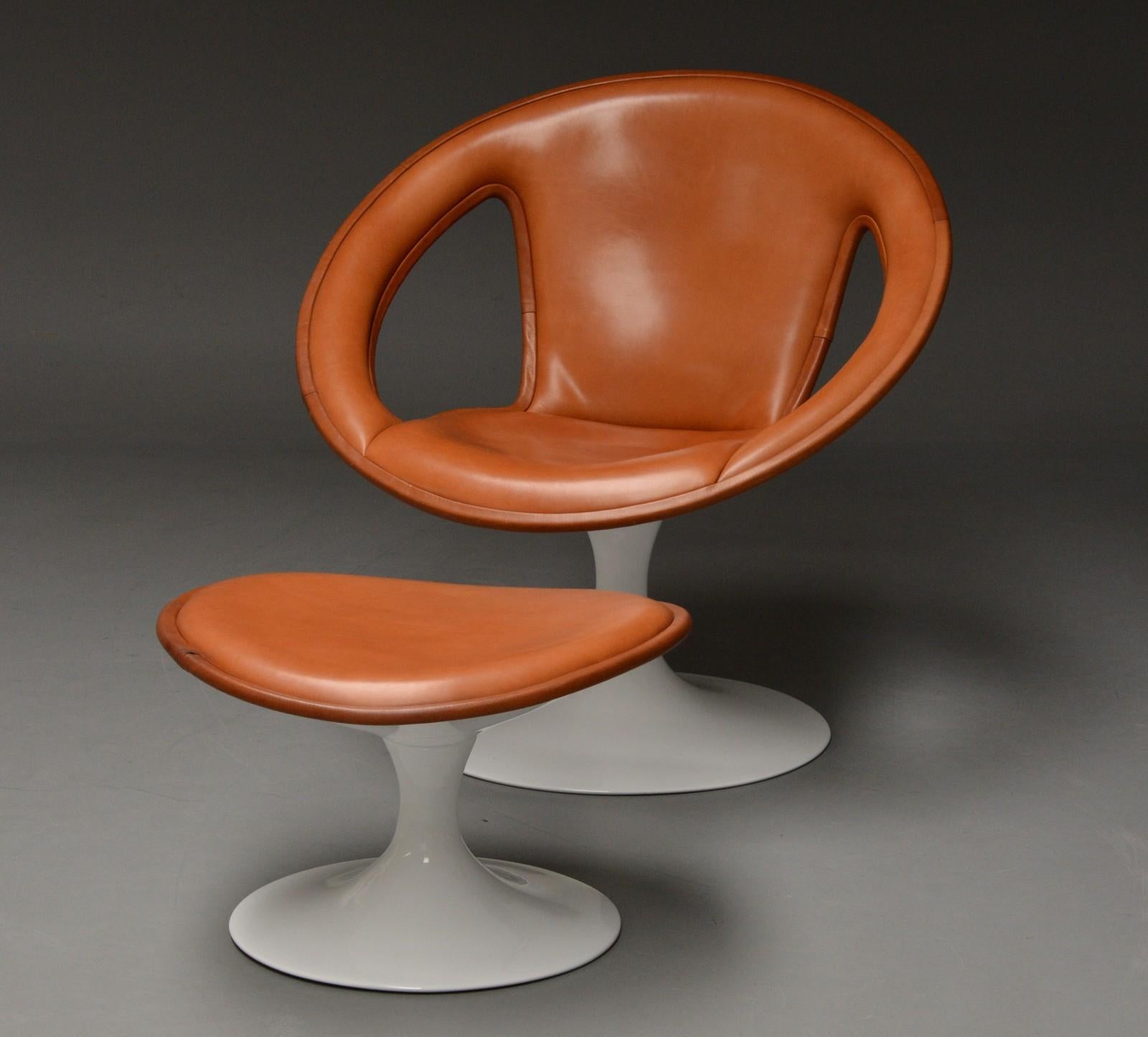 Danish Cognac Leather Swivel Lounge Chair and Ottoman