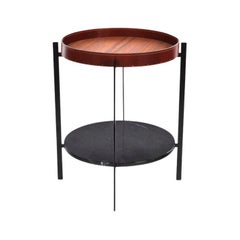 Table à baldaquin en cuir cognac, bois de teck et marbre Marquina noir par OxDenmarq