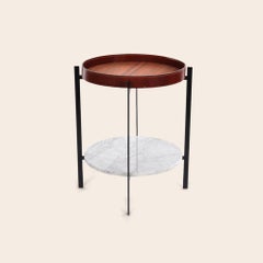 Cognac Leather, Teak Wood and White Carrara Marble Deck Table by Ox Denmarq