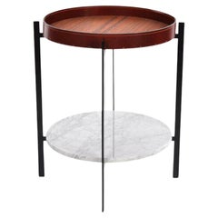 Cognac Leather, Teak Wood and White Carrara Marble Deck Table by Ox Denmarq