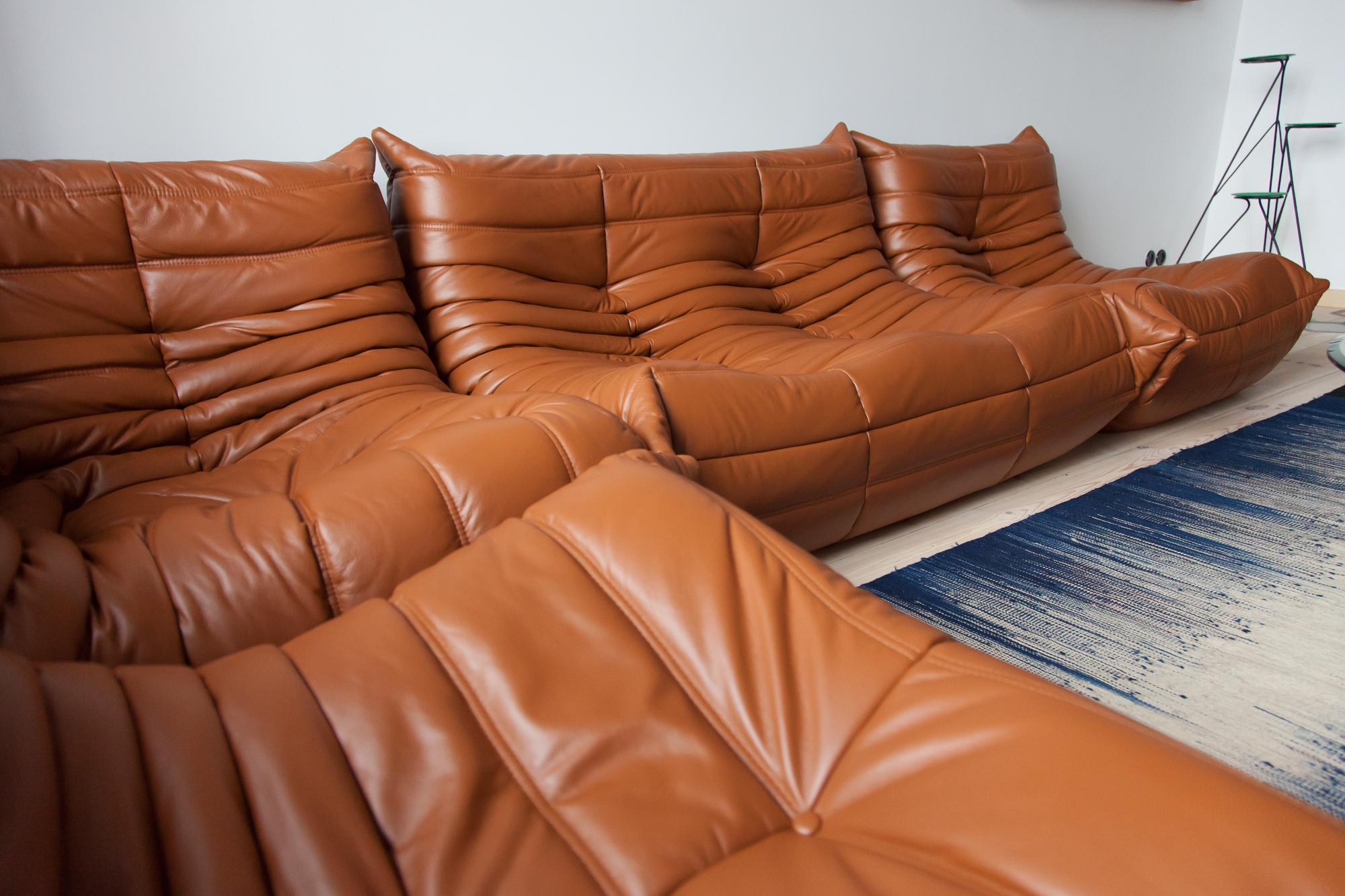Cognac Leather Togo Living Room Set by Michel Ducaroy for Ligne Roset For Sale 6