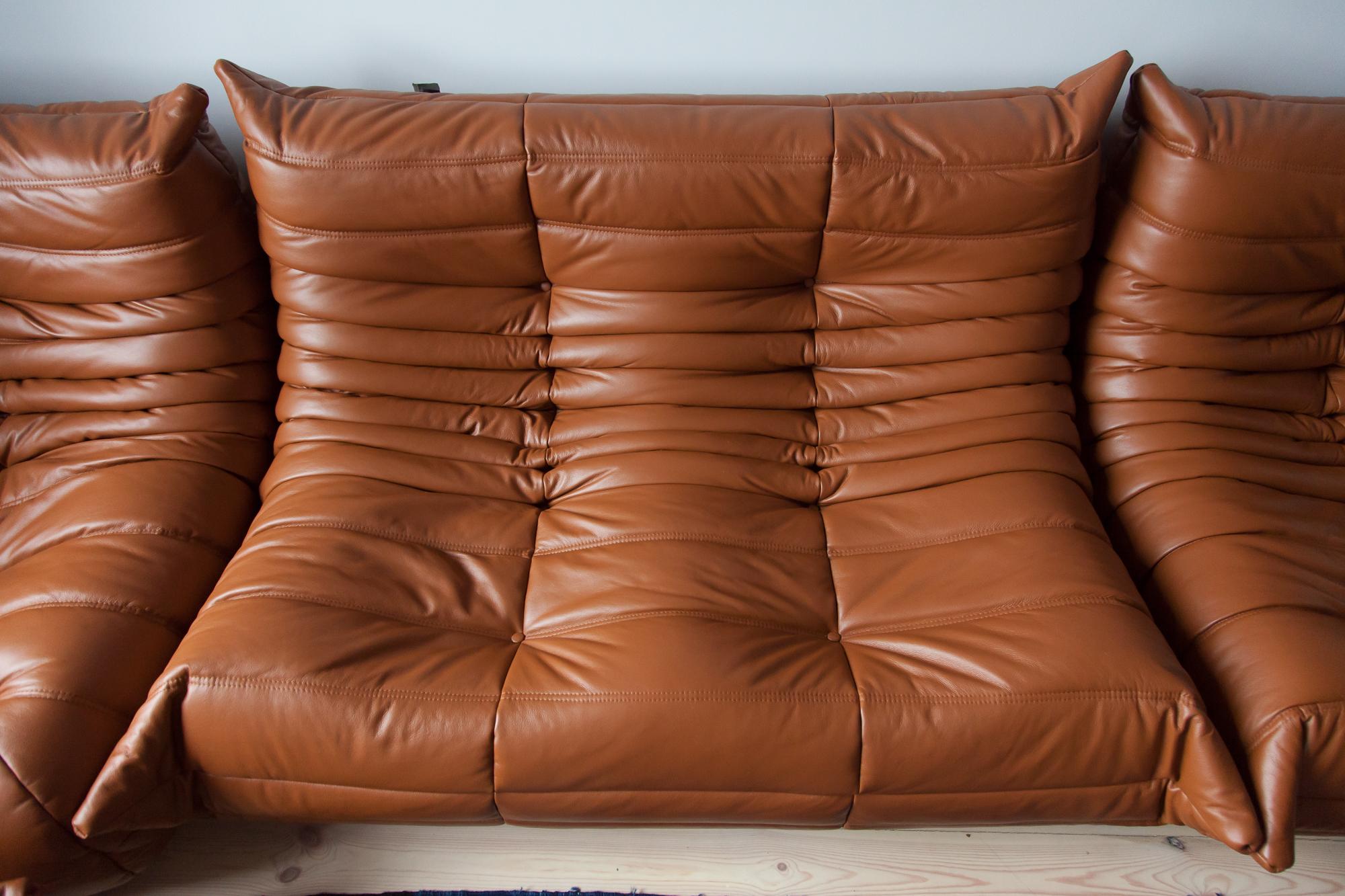 Cognac Leather Togo Living Room Set by Michel Ducaroy for Ligne Roset For Sale 7
