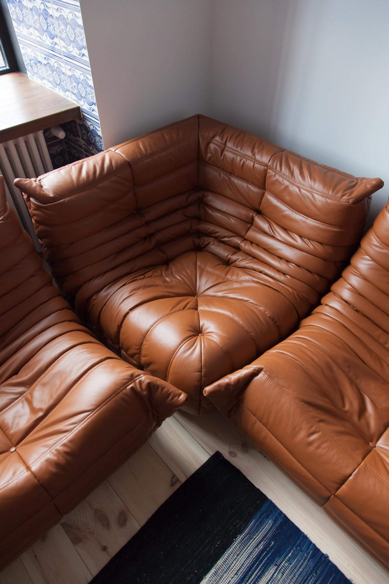 Cognac Leather Togo Living Room Set by Michel Ducaroy for Ligne Roset For Sale 8