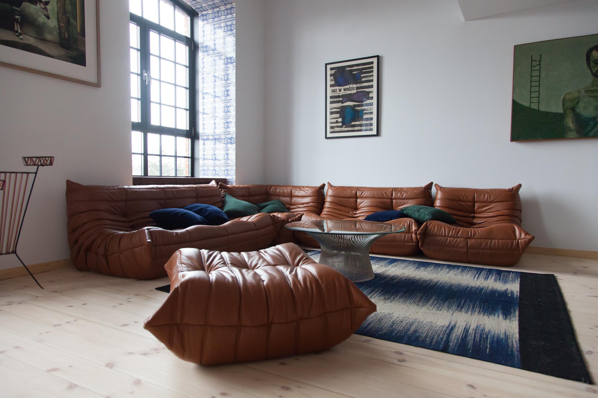 Mid-Century Modern Cognac Leather Togo Living Room Set by Michel Ducaroy for Ligne Roset For Sale