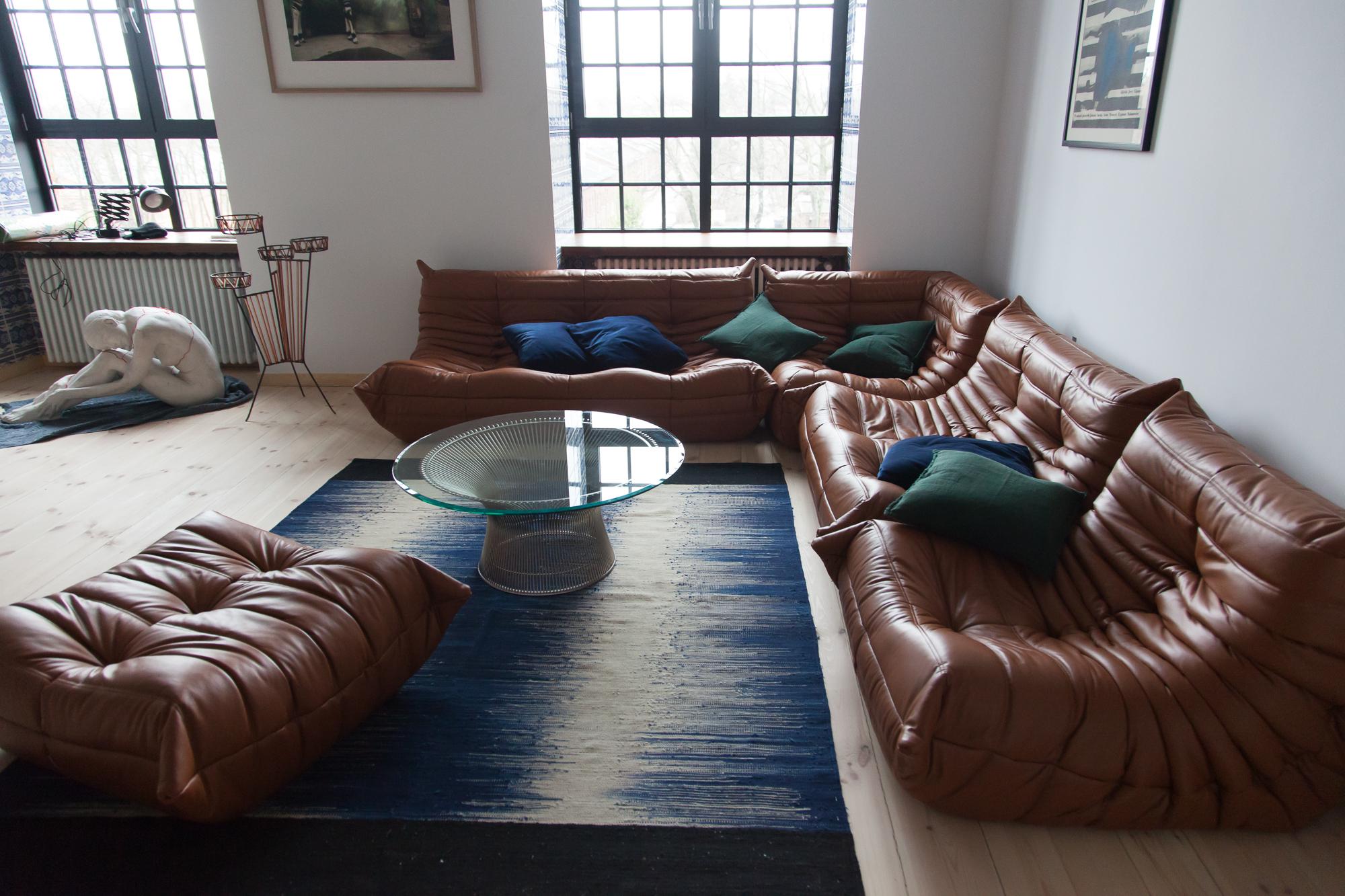 French Cognac Leather Togo Living Room Set by Michel Ducaroy for Ligne Roset For Sale
