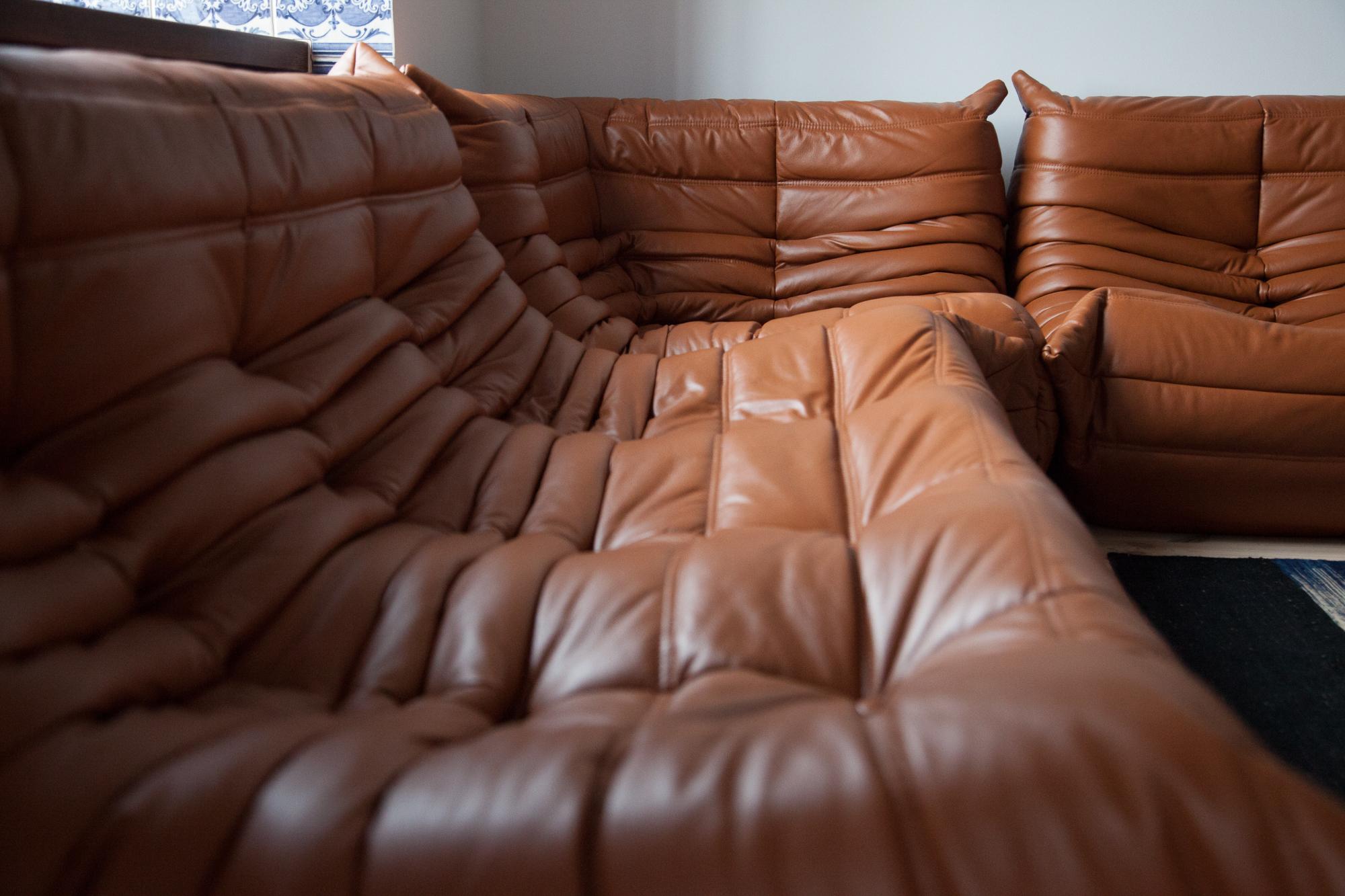 Cognac Leather Togo Living Room Set by Michel Ducaroy for Ligne Roset For Sale 1
