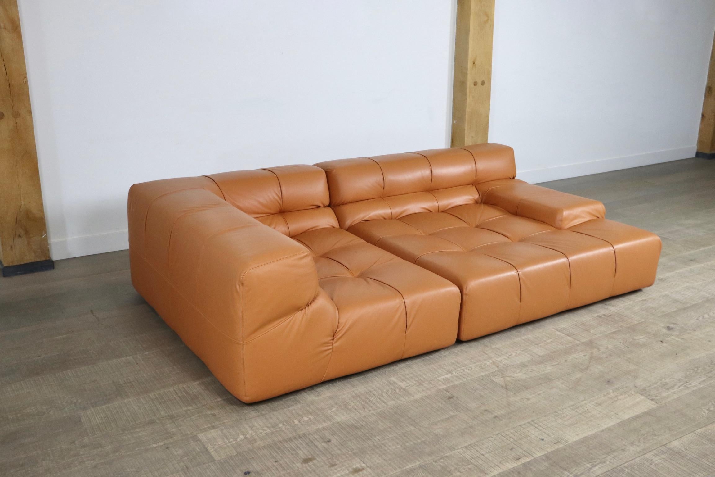 Beautiful cognac leather Tufty-Time sofa by Patricia Urquiola for B&B Italia. The sofa consists of two elements: One smaller element, and a large lounge element with an armrest. Create your ideal lounge or movie room with this amazing sofa!